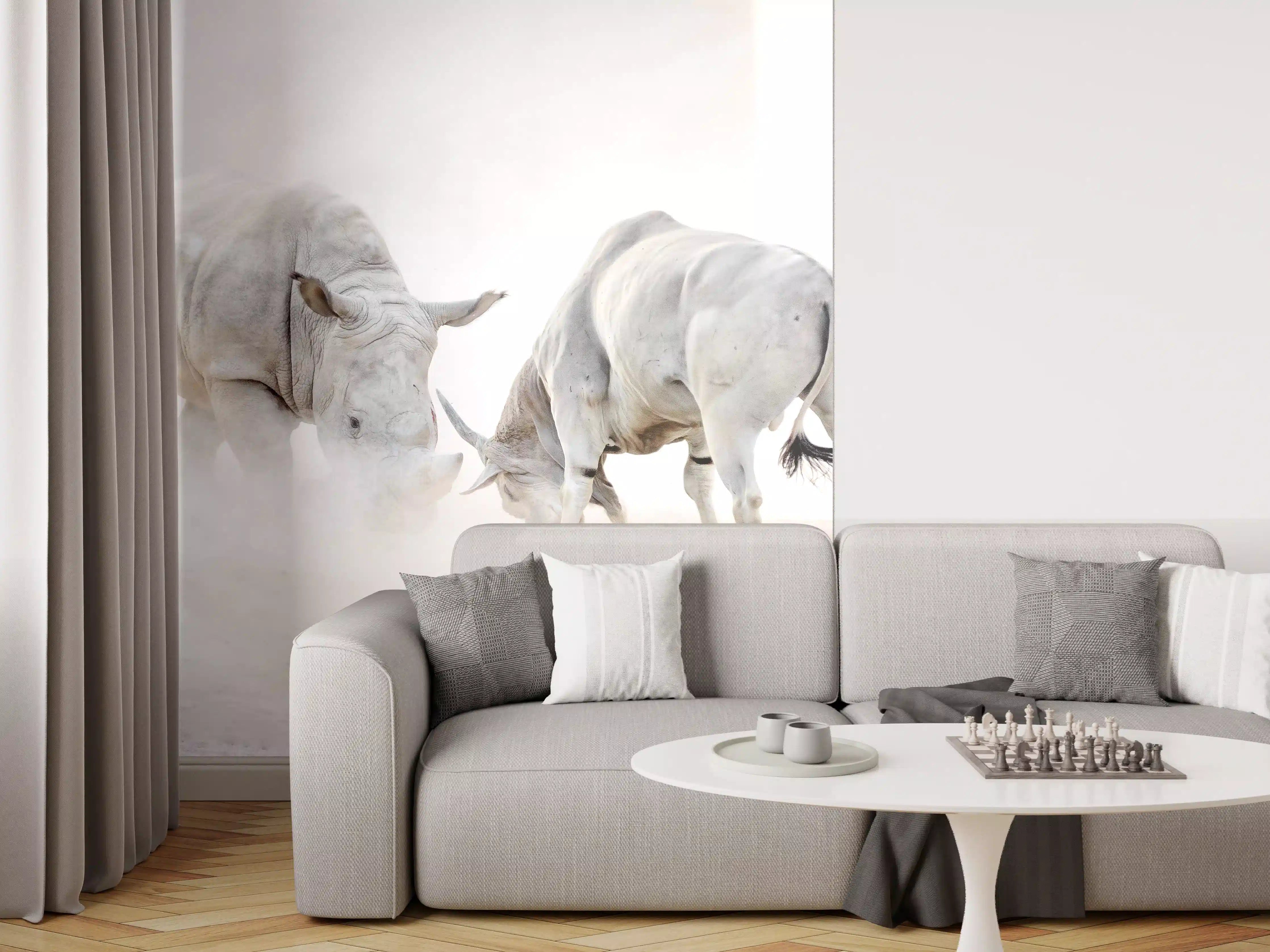 Wandverkleidung Wohnzimmer - Kampf zwischen Nashorn und Oryx