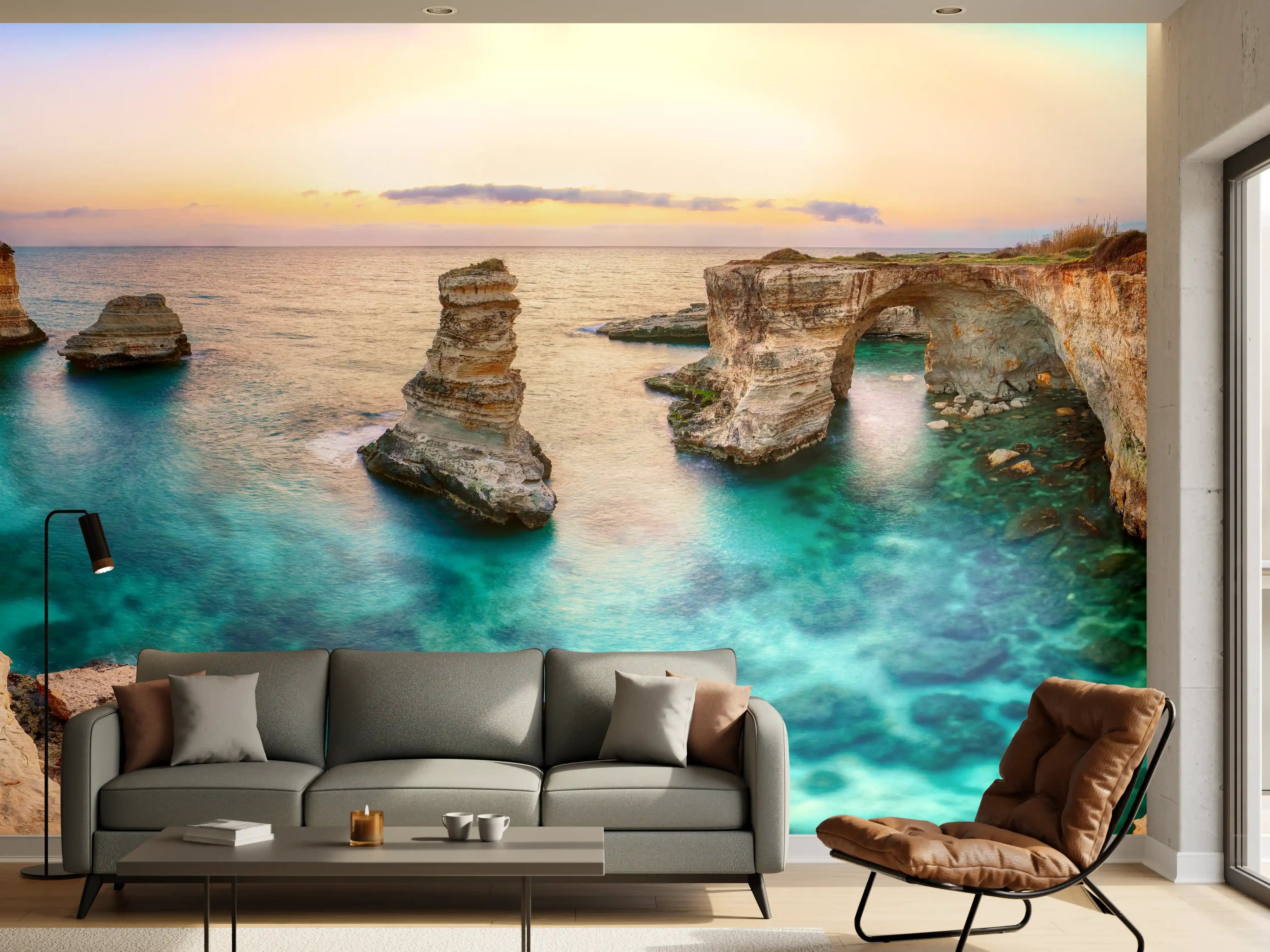 Wandverkleidung Wohnzimmer - Karibisches Küstenpanorama mit klarem Wasser