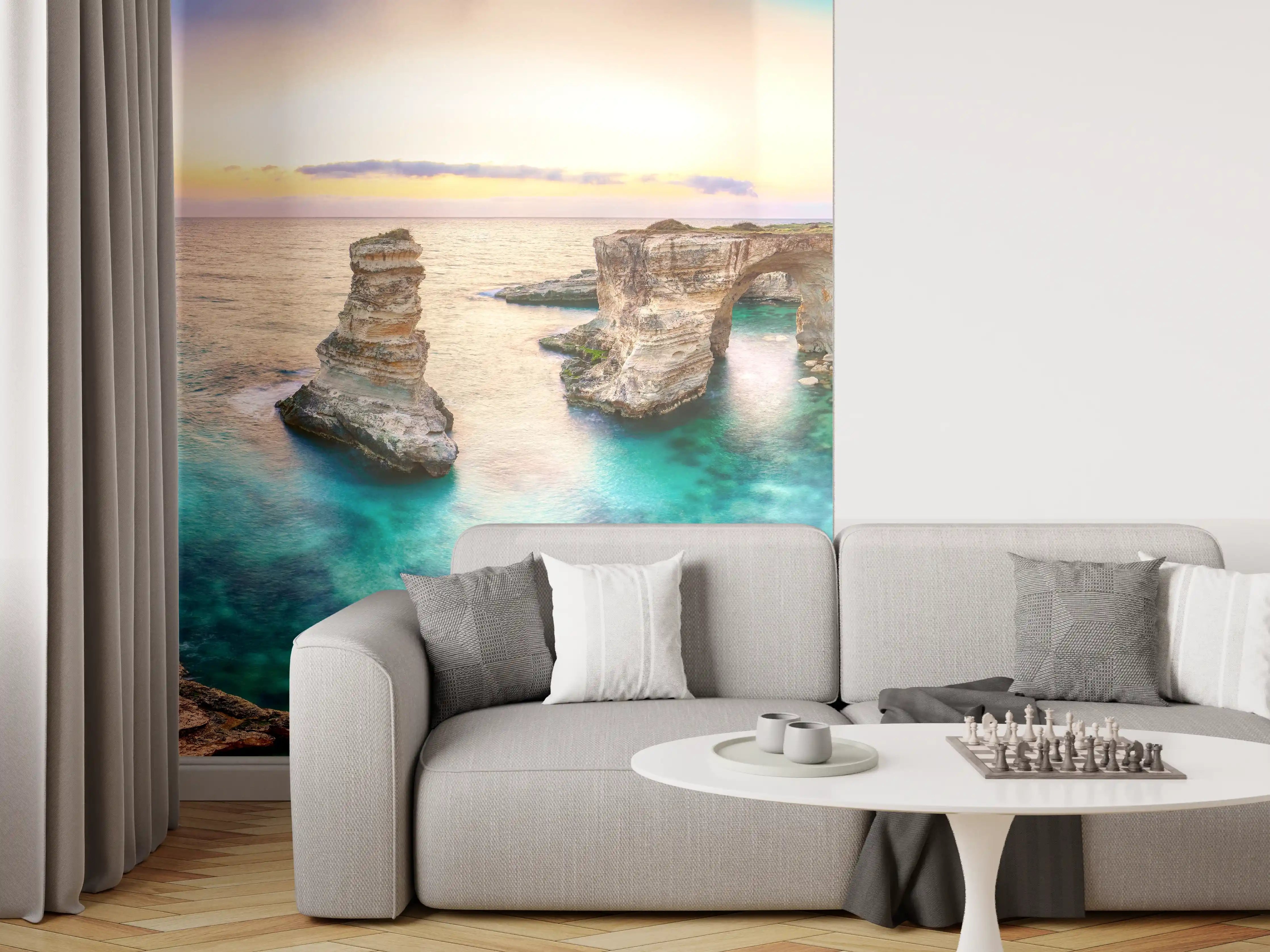 Wandverkleidung Wohnzimmer - Karibisches Küstenpanorama mit klarem Wasser