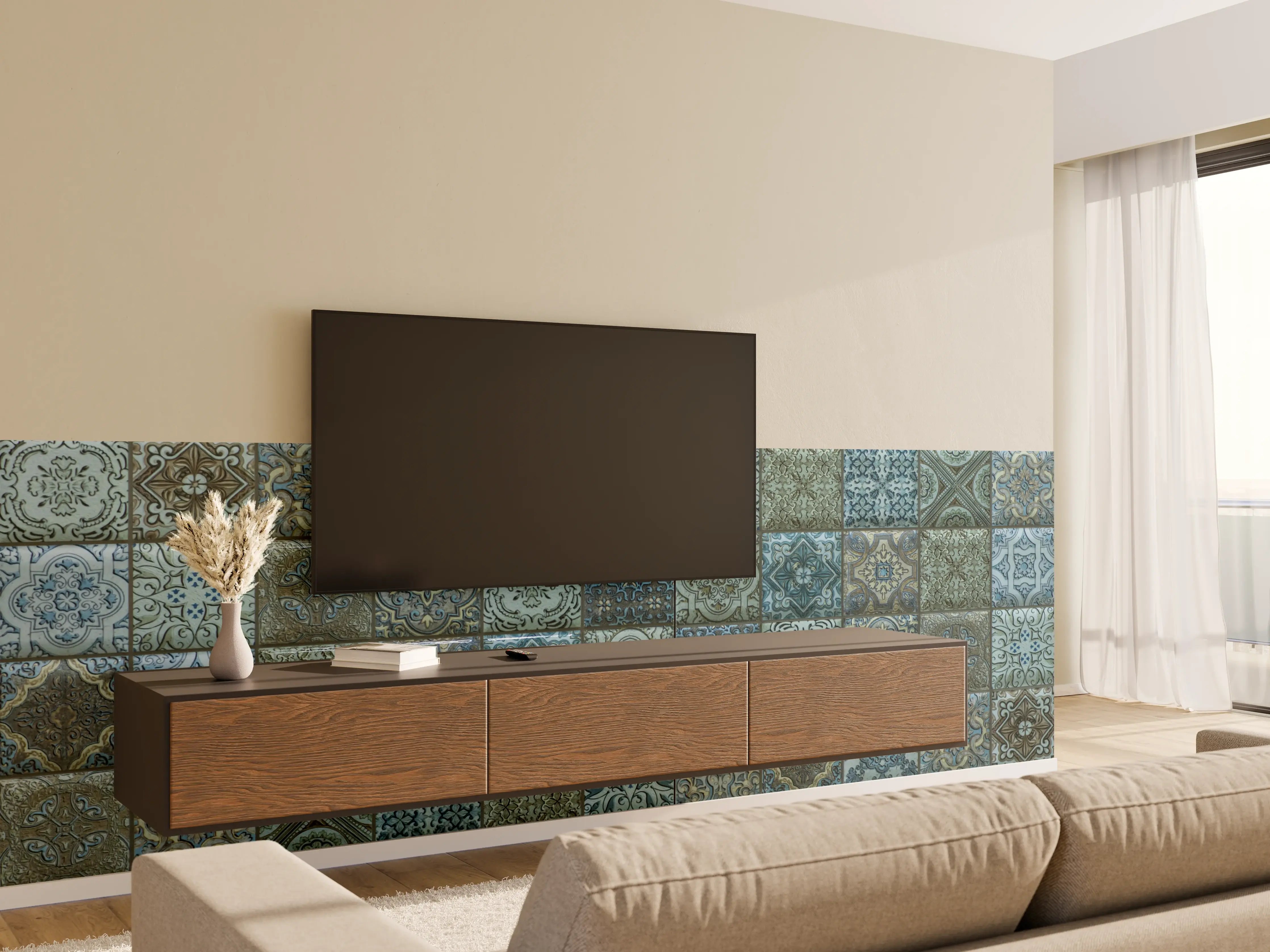 Wandverkleidung Wohnzimmer - Kaskadierende Fliesen in Blau- und Grüntönen