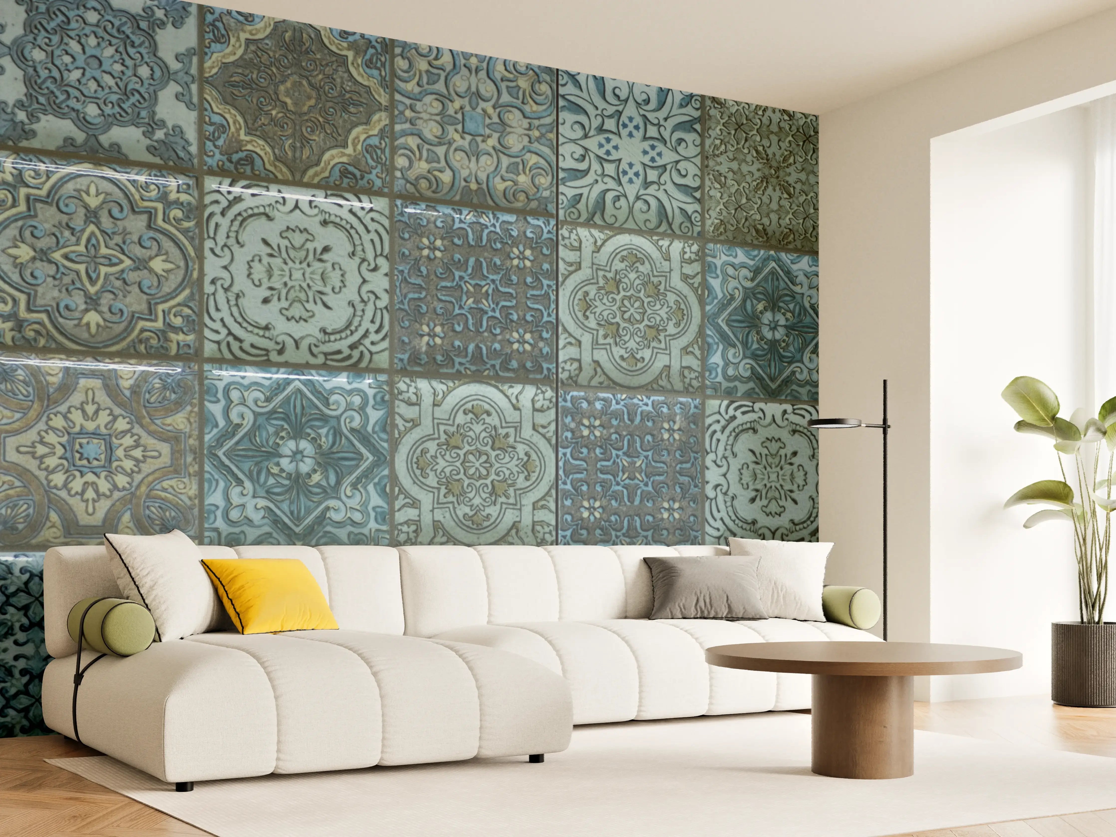 Wandverkleidung Wohnzimmer - Kaskadierende Fliesen in Blau- und Grüntönen
