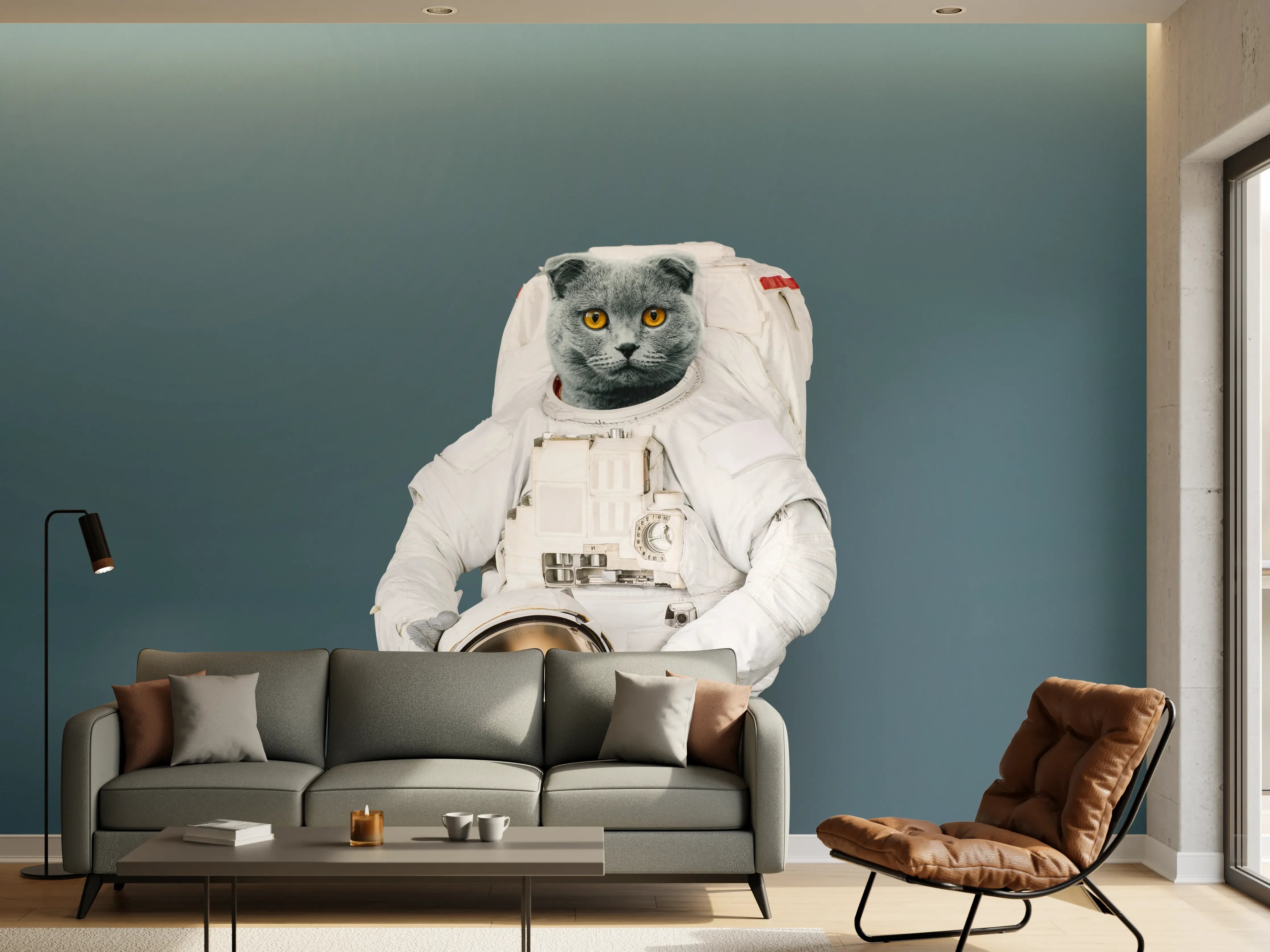 Wandverkleidung Wohnzimmer - Katzen-Astronaut Grau-Helm