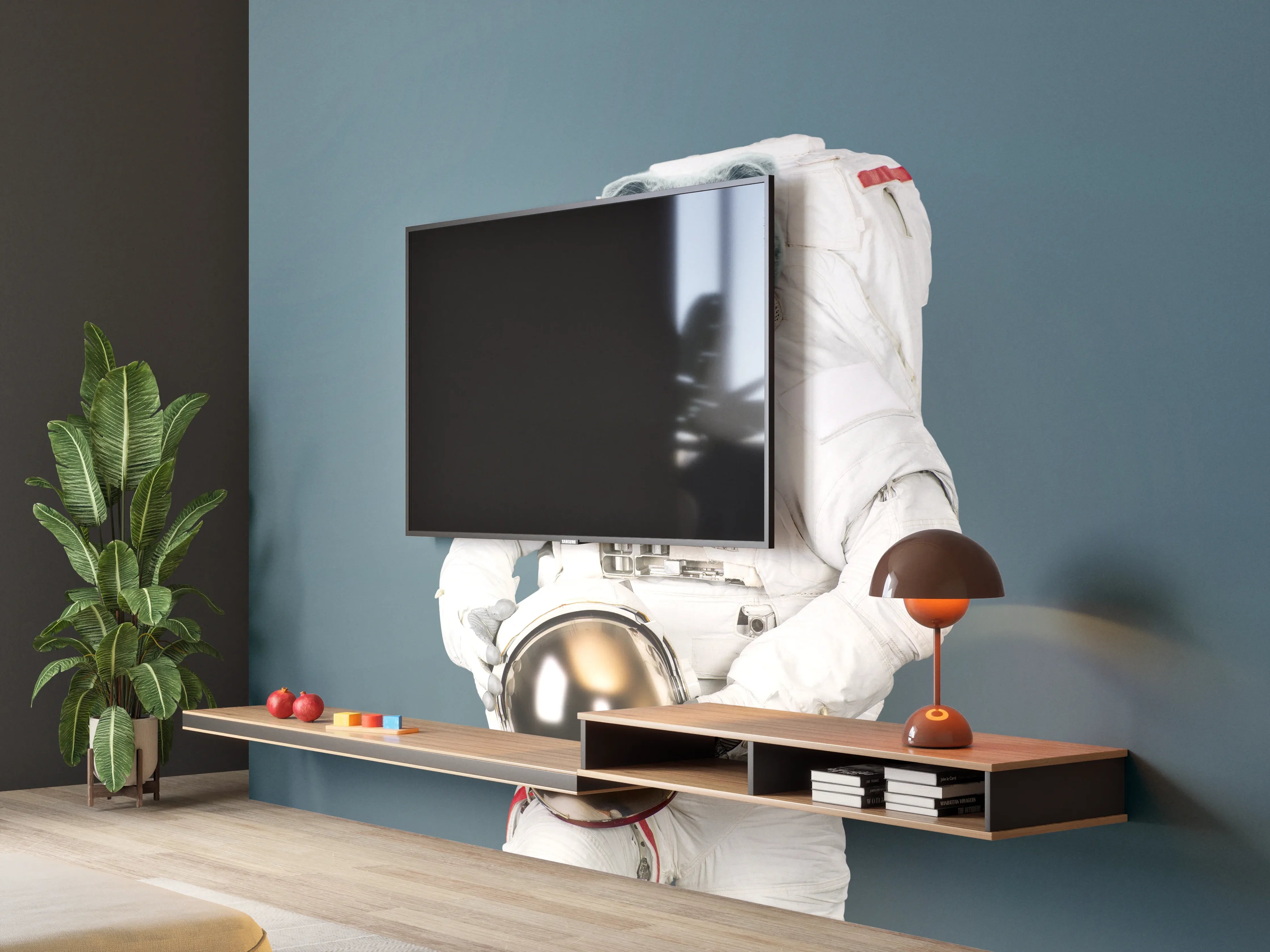 Wandverkleidung Wohnzimmer - Katzen-Astronaut Grau-Helm