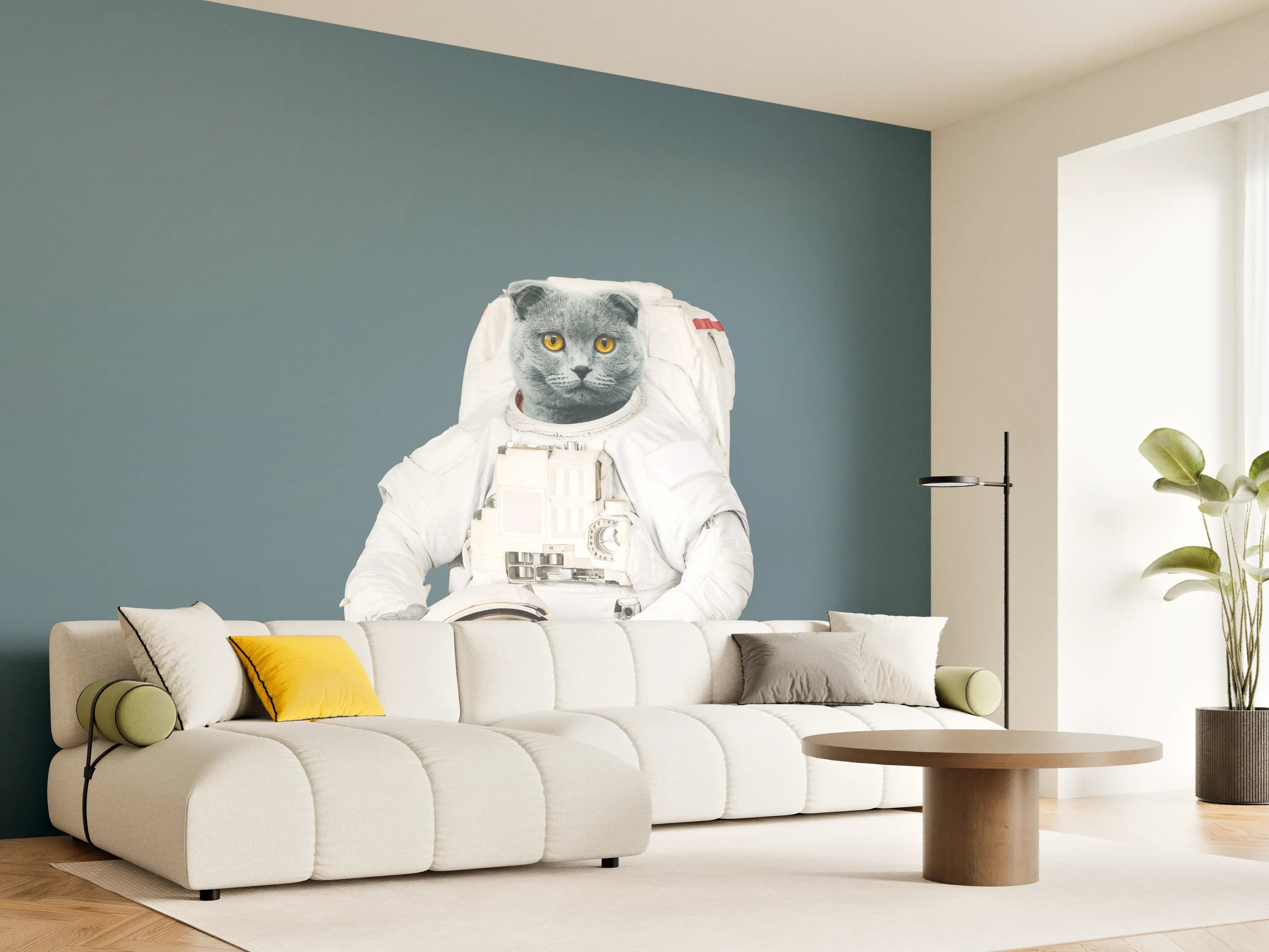Wandverkleidung Wohnzimmer - Katzen-Astronaut Grau-Helm