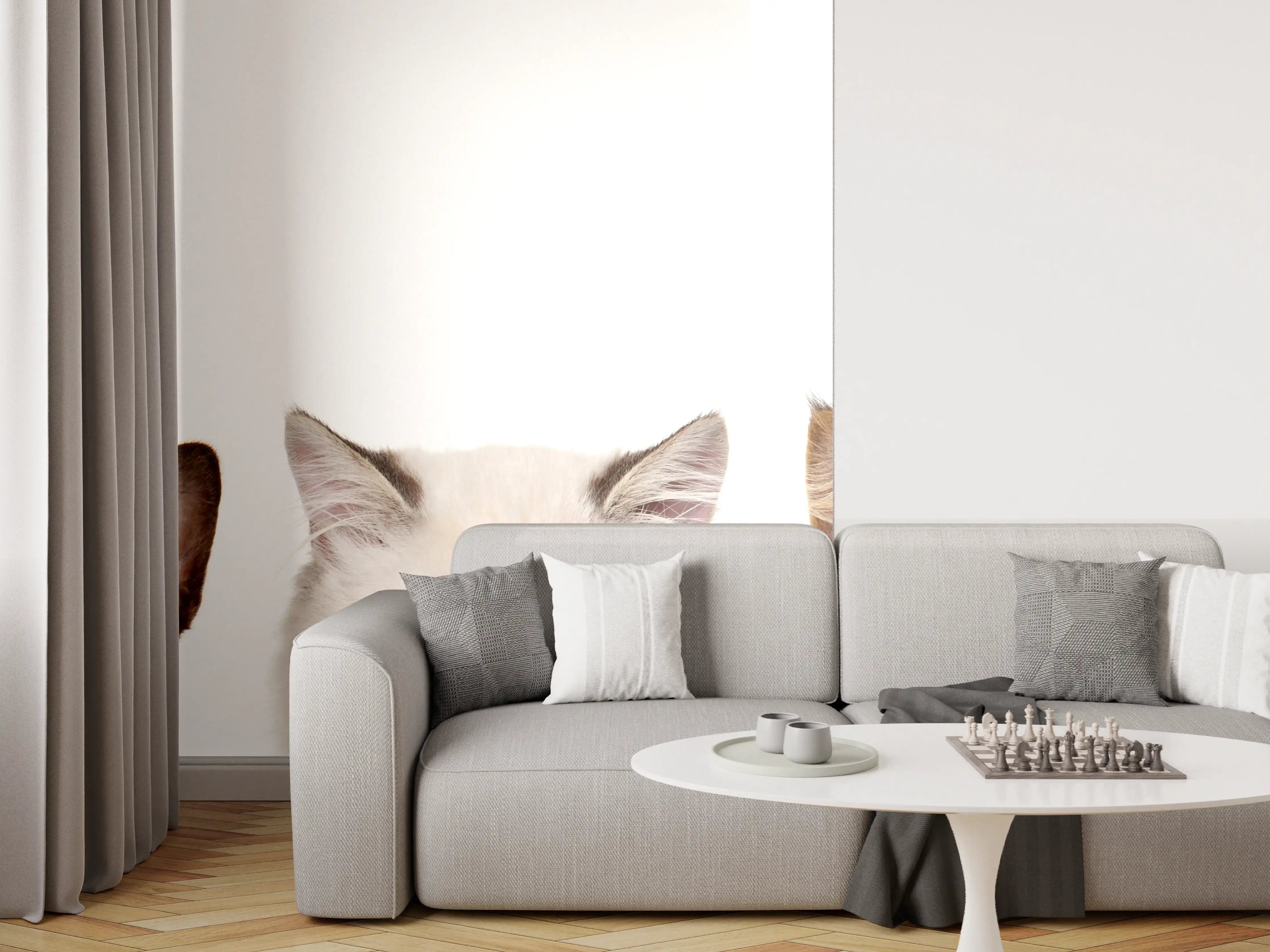 Wandverkleidung Wohnzimmer - Katzen-Kopf-Reihe in Weiß-Grau