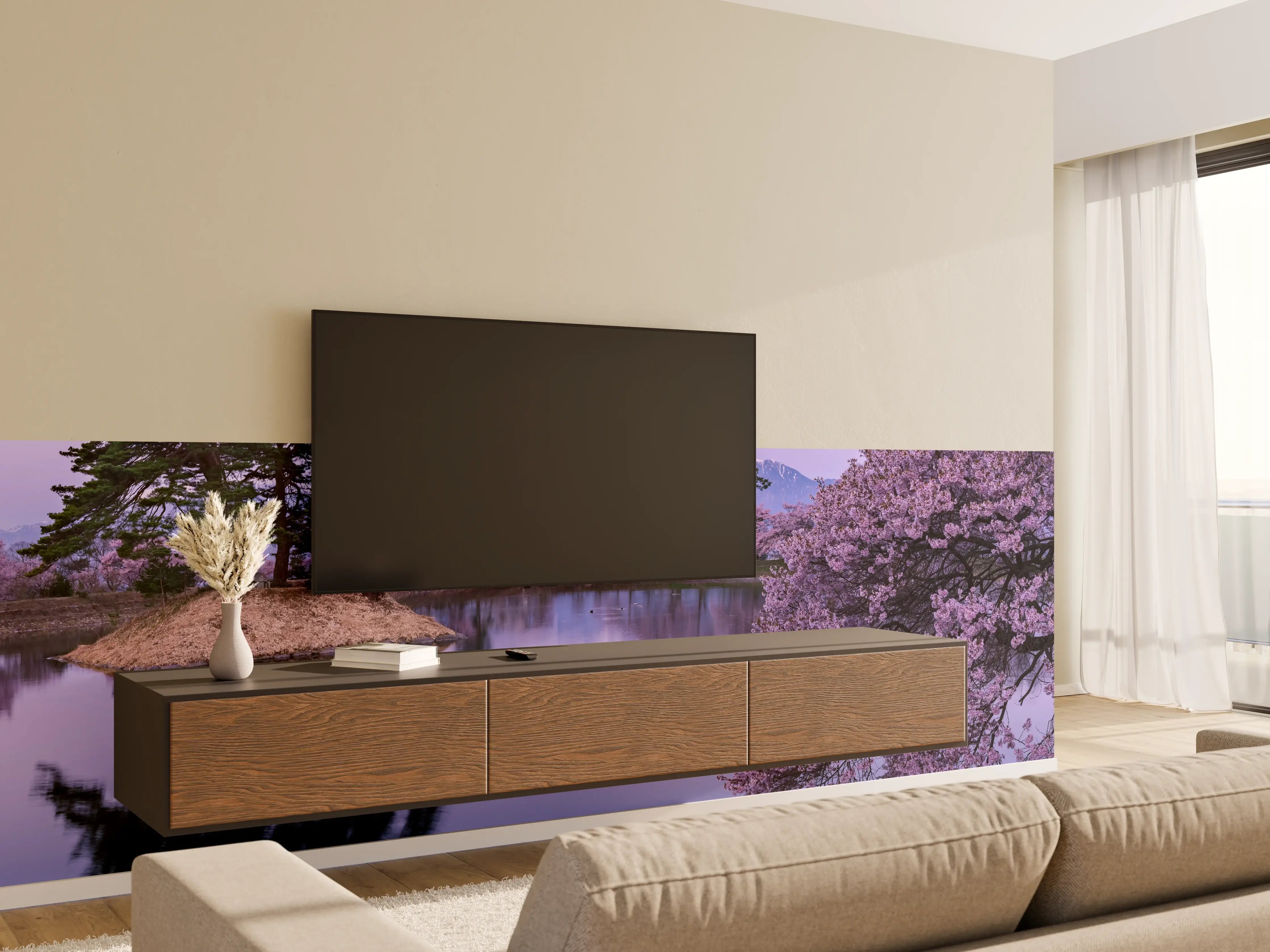 Wandverkleidung Wohnzimmer - Kirschblüte - Vollmond