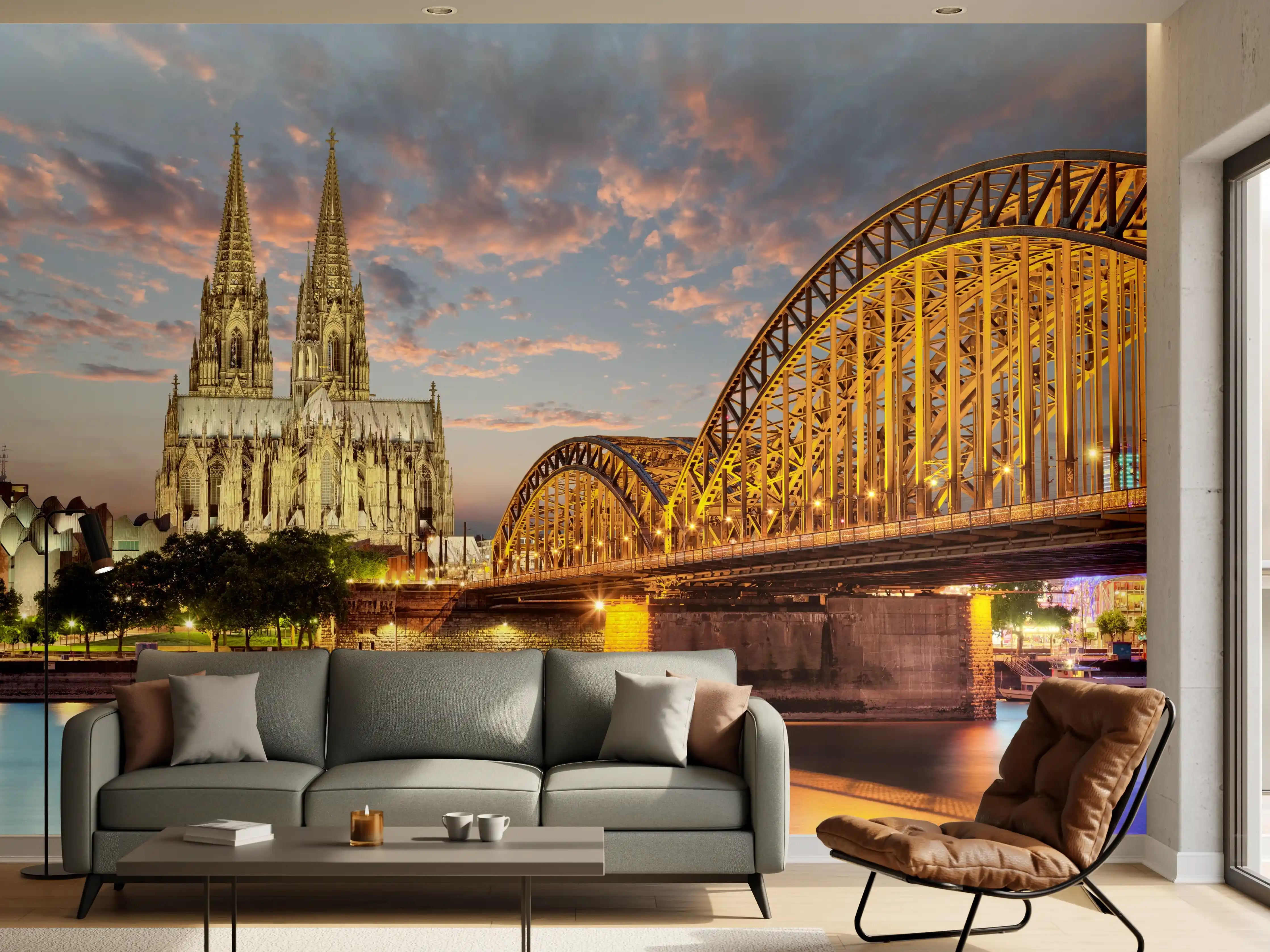 Wandverkleidung Wohnzimmer - Kölner Dom bei Sonnenuntergang