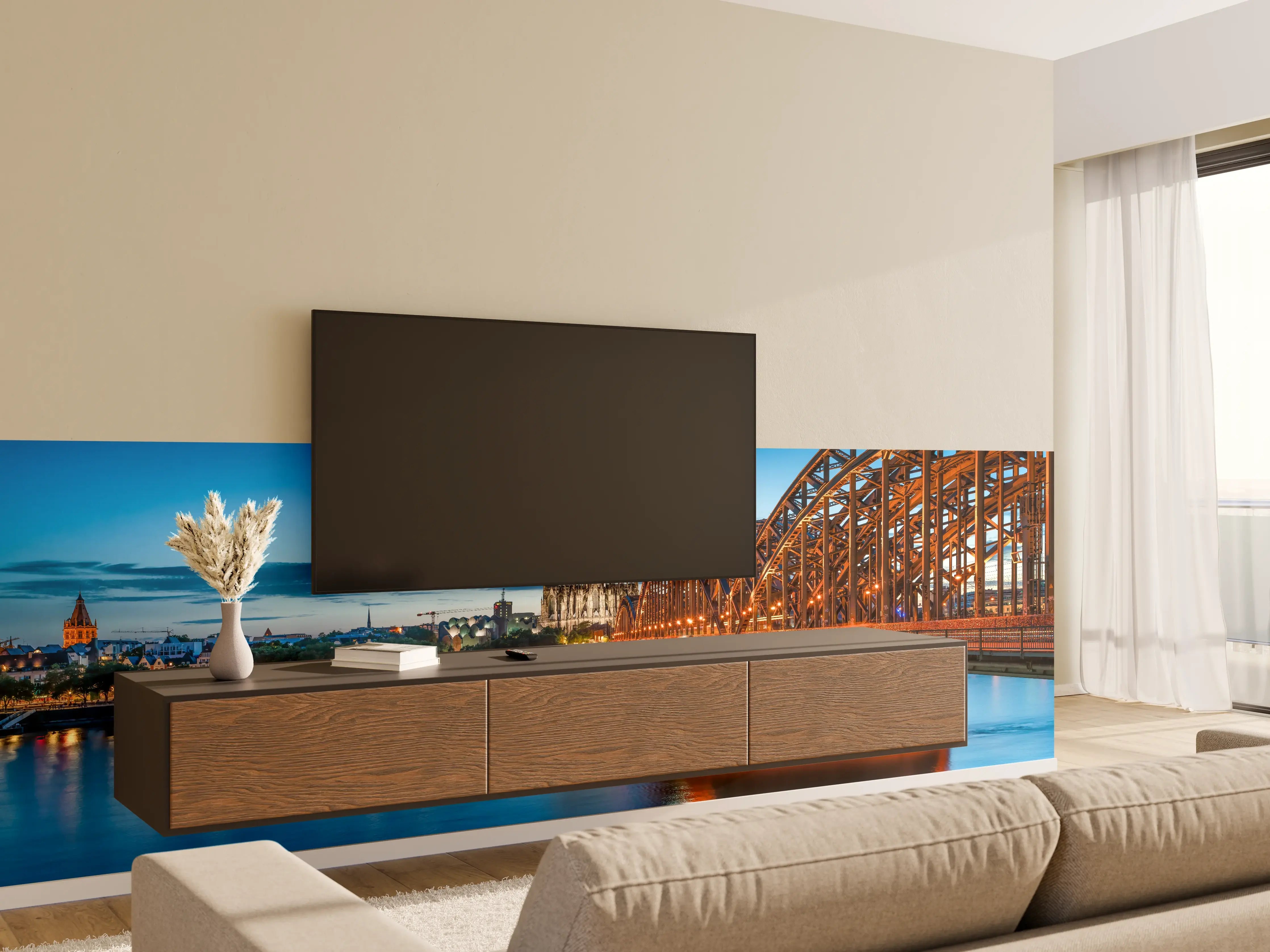 Wandverkleidung Wohnzimmer - Kölner Dom und Hohenzollernbrücke bei Nacht