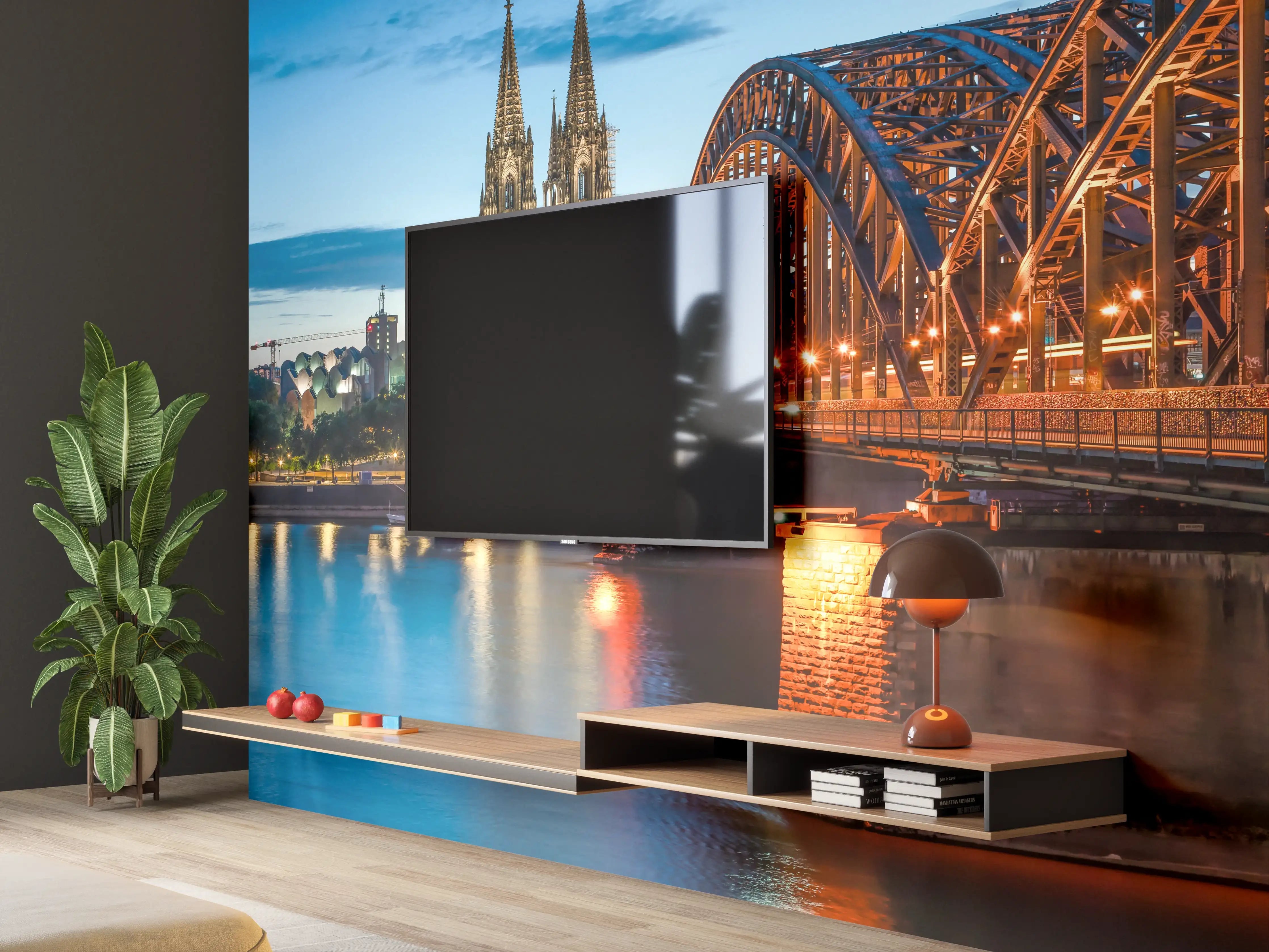 Wandverkleidung Wohnzimmer - Kölner Dom und Hohenzollernbrücke bei Nacht