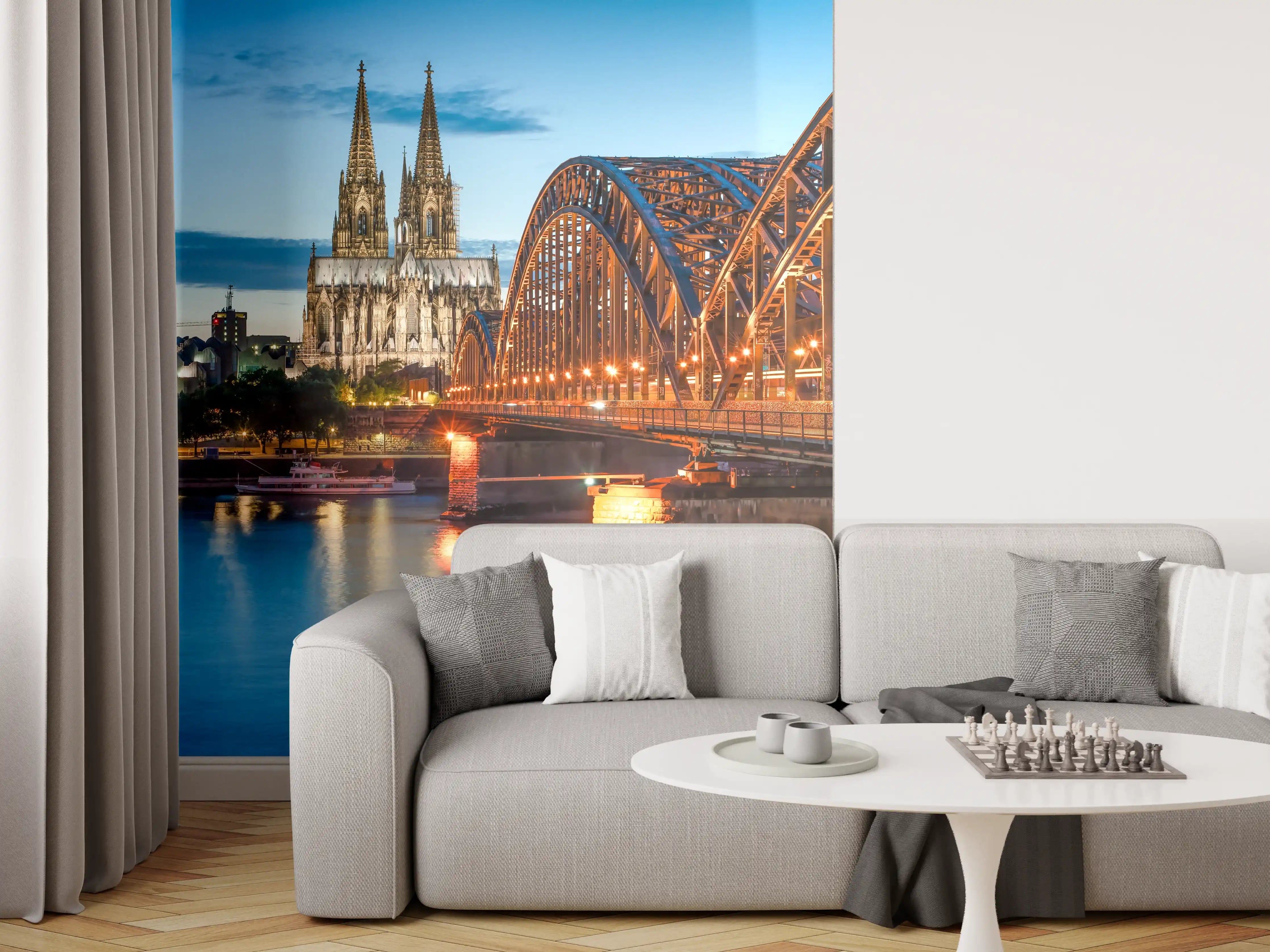 Wandverkleidung Wohnzimmer - Kölner Dom und Hohenzollernbrücke bei Nacht