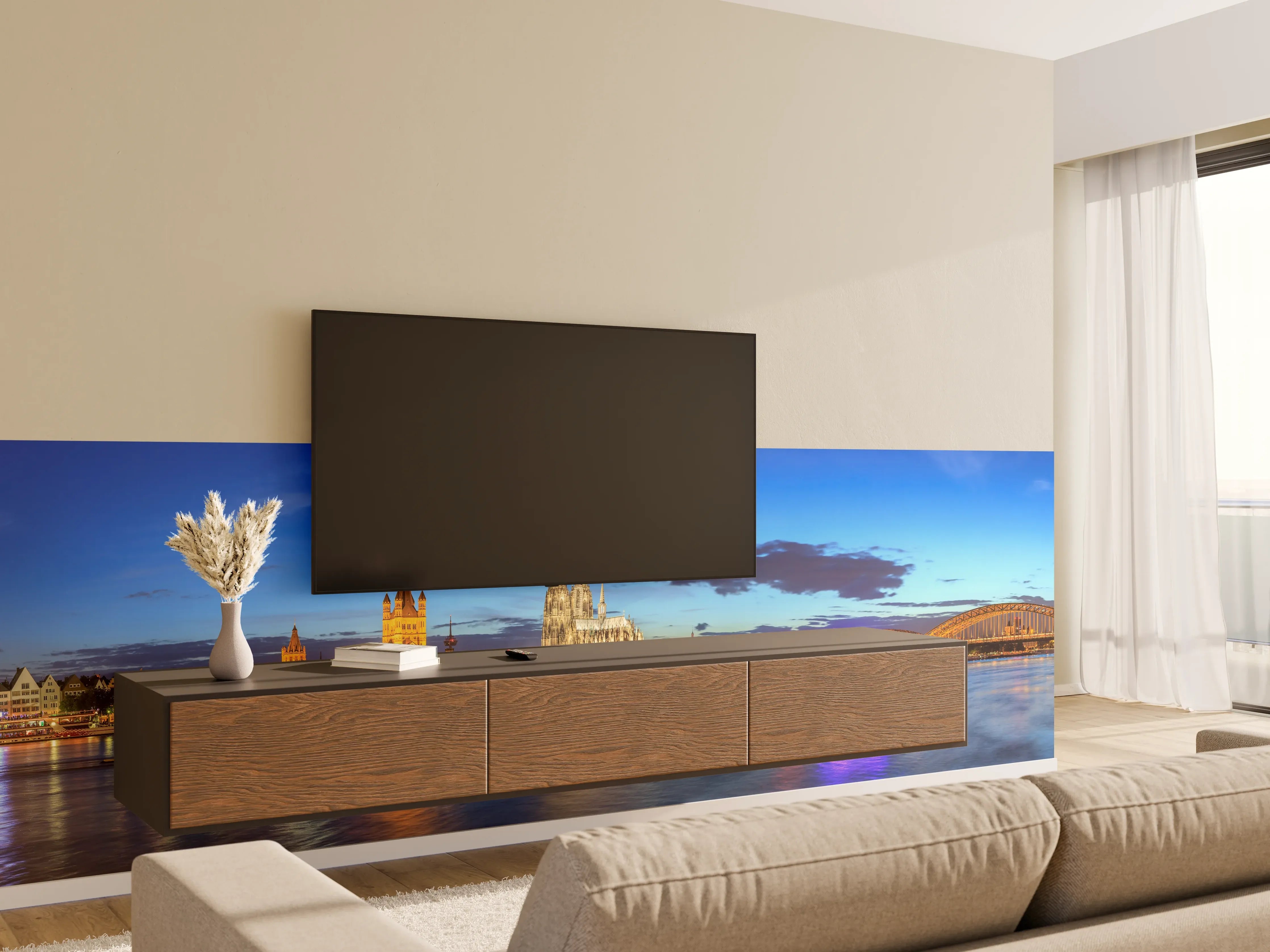 Wandverkleidung Wohnzimmer - Kölner Skyline - Nachts