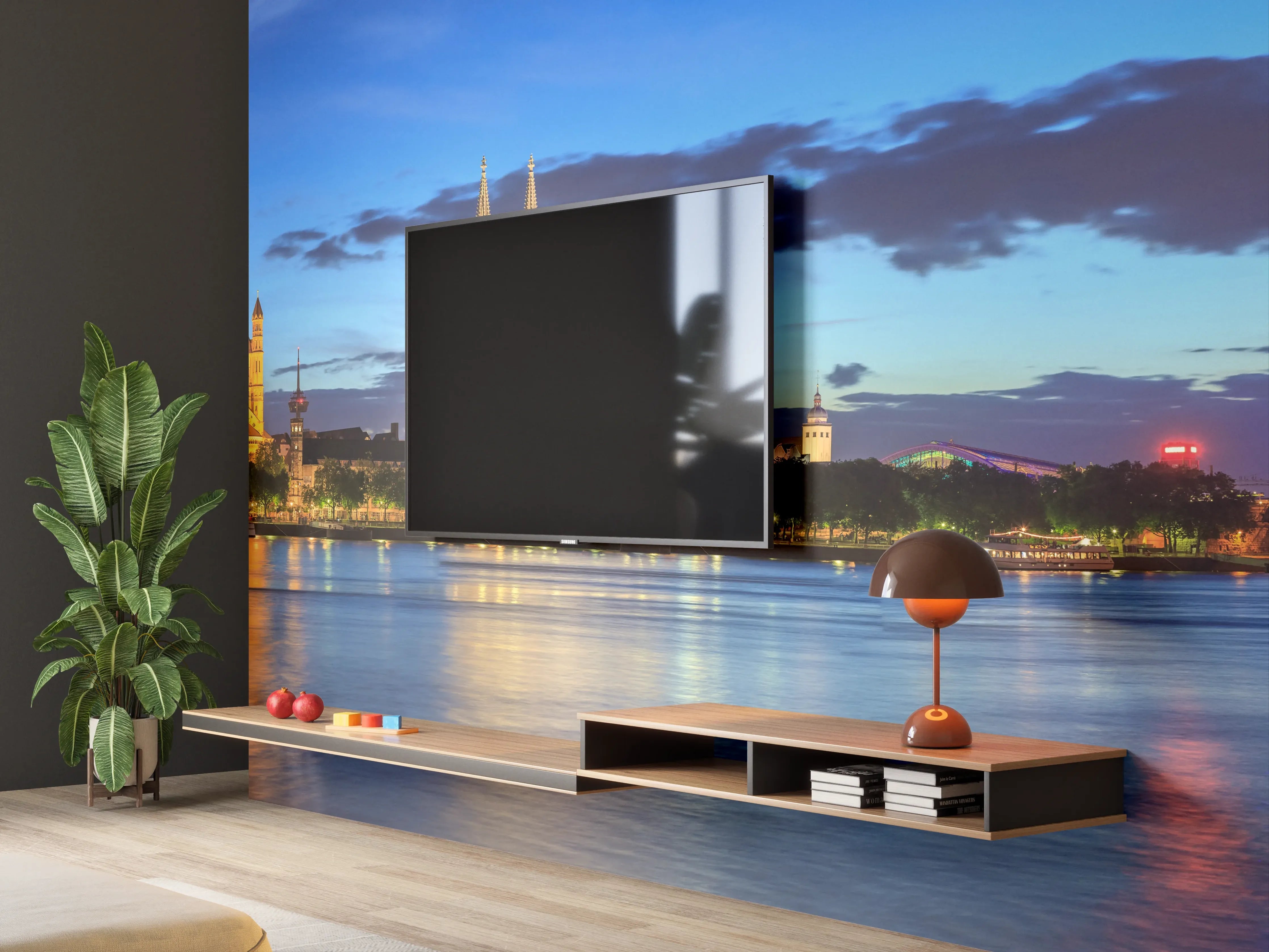 Wandverkleidung Wohnzimmer - Kölner Skyline - Nachts
