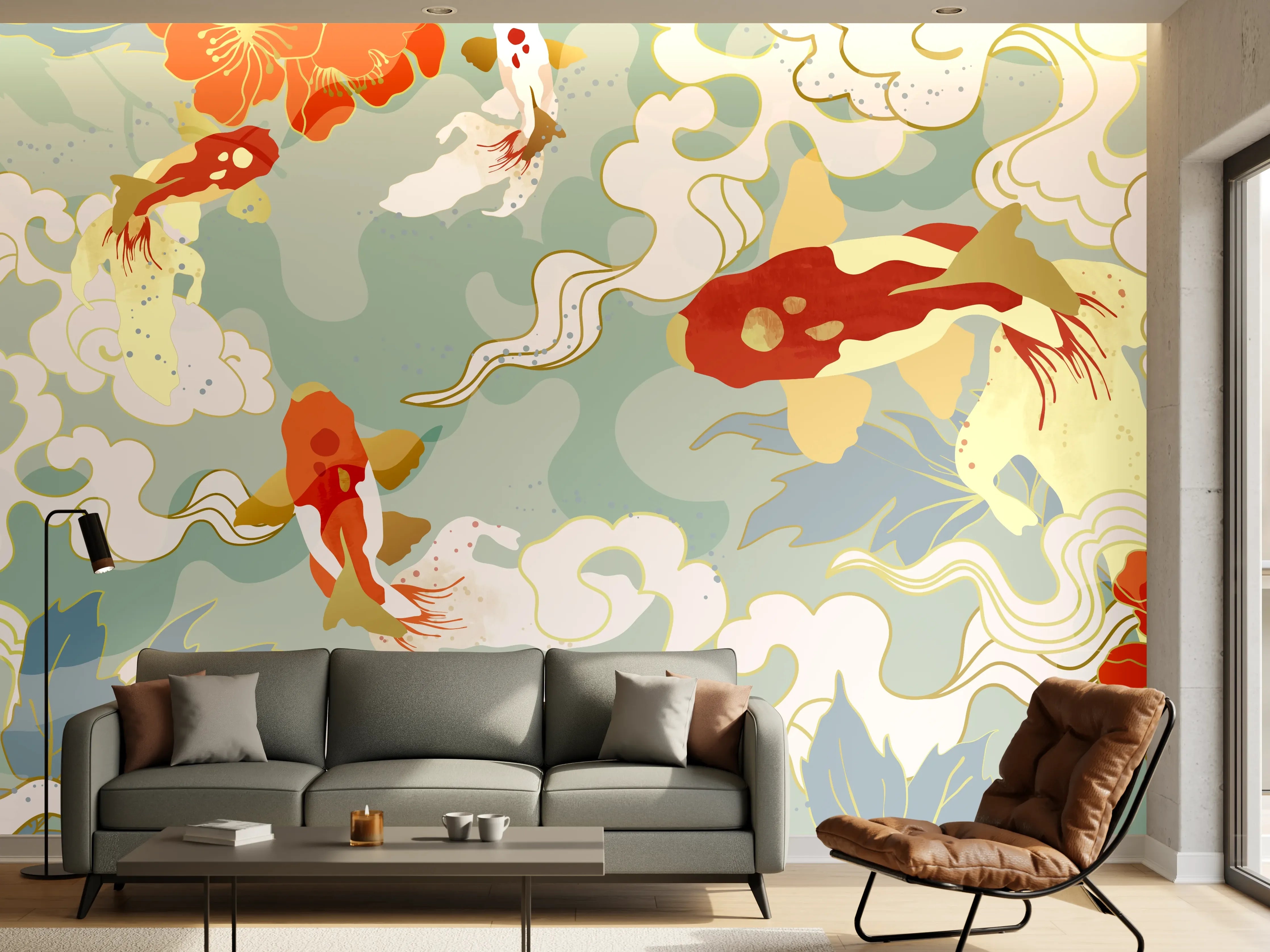 Wandverkleidung Wohnzimmer - Koi-Fisch Muster Pastell