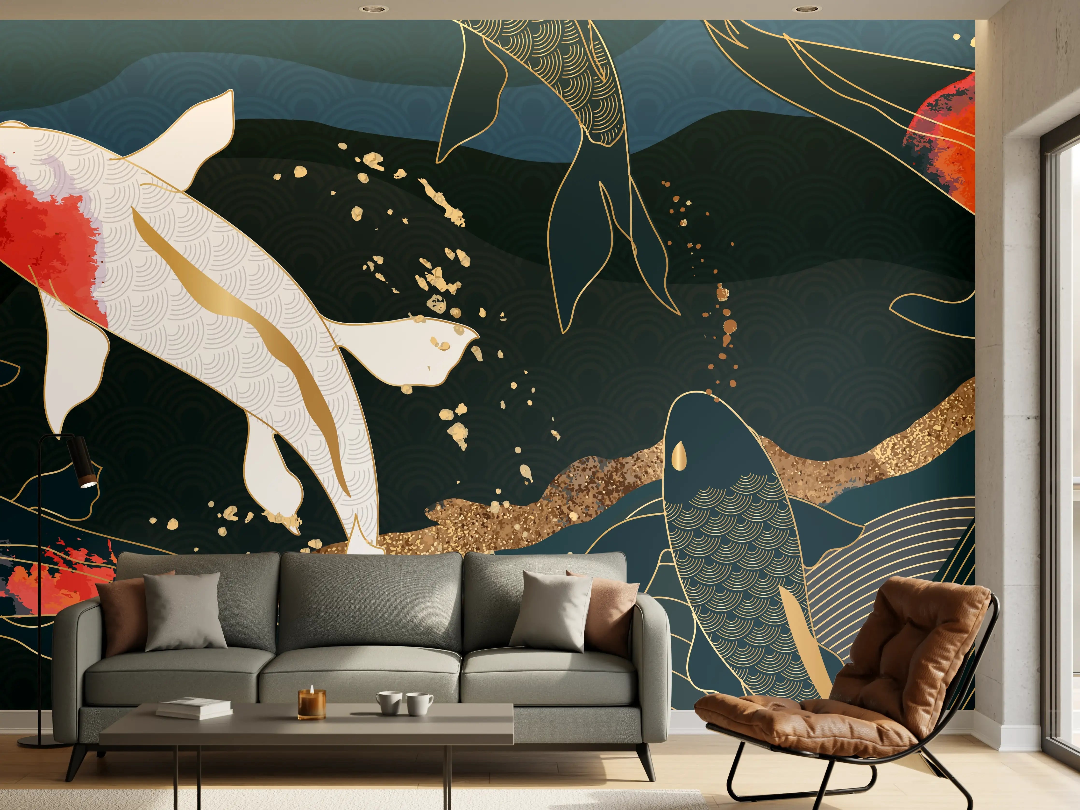 Wandverkleidung Wohnzimmer - Koi-Fische Illustration Bunt