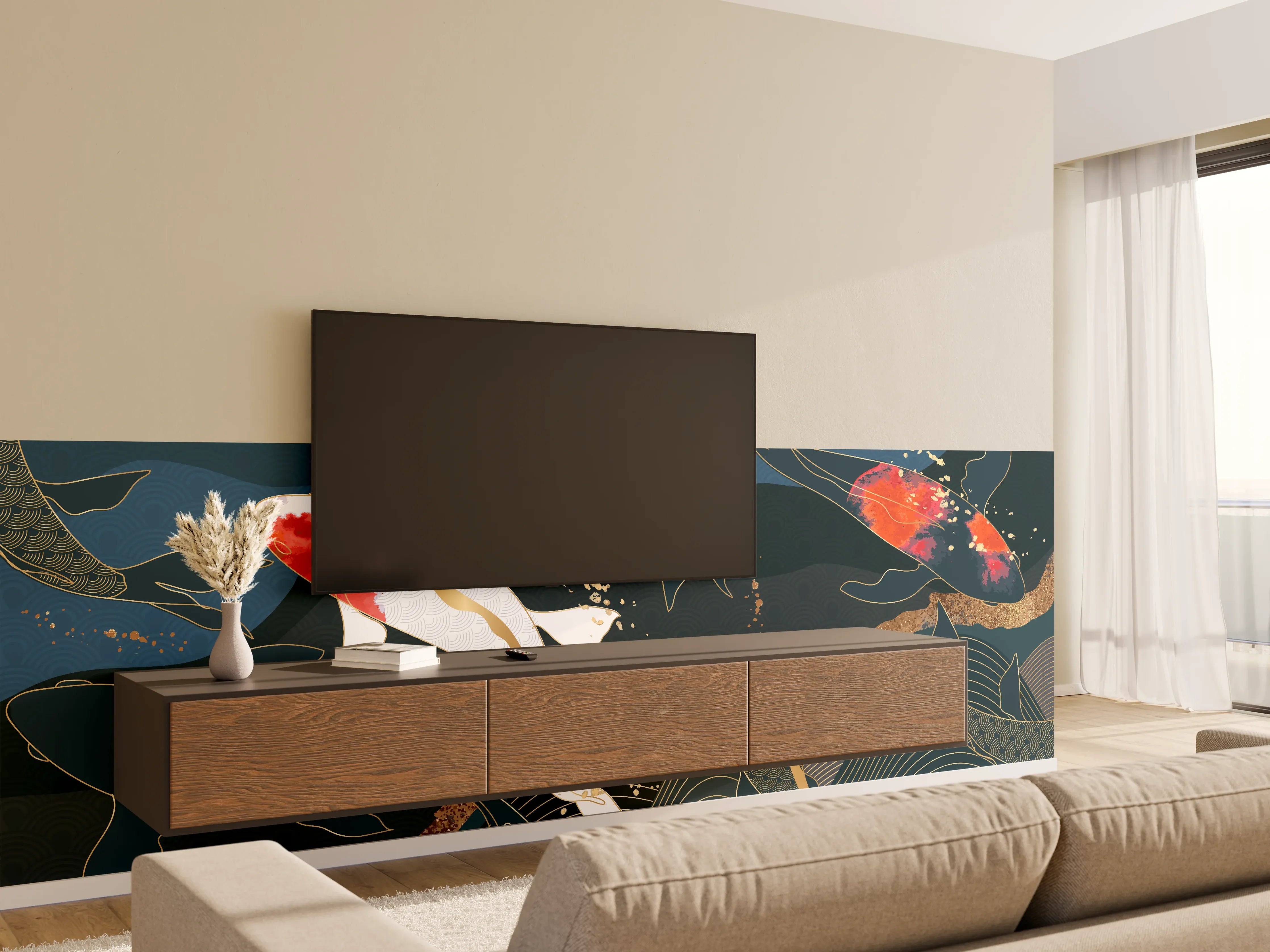 Wandverkleidung Wohnzimmer - Koi-Fische Illustration Bunt