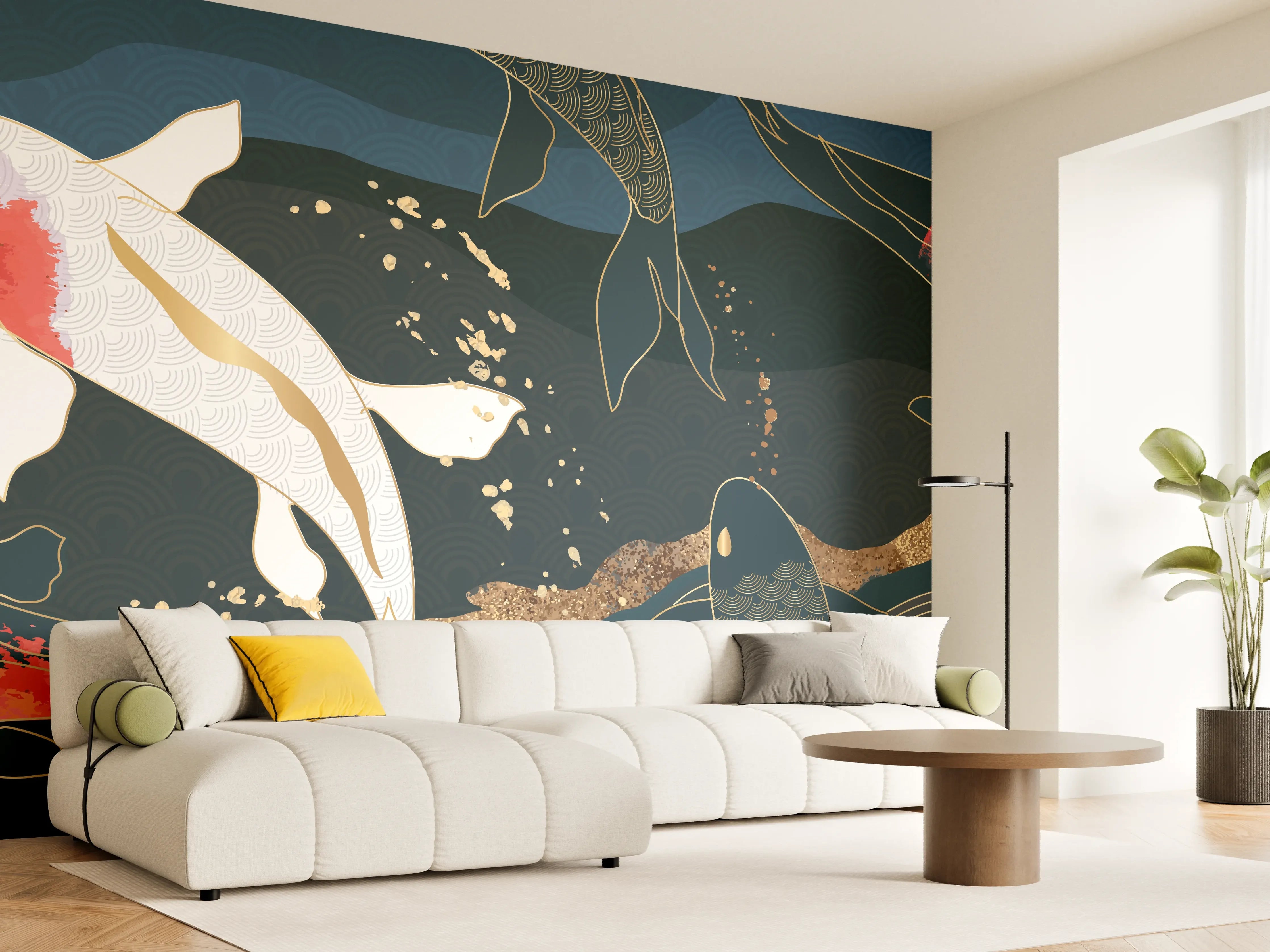 Wandverkleidung Wohnzimmer - Koi-Fische Illustration Bunt