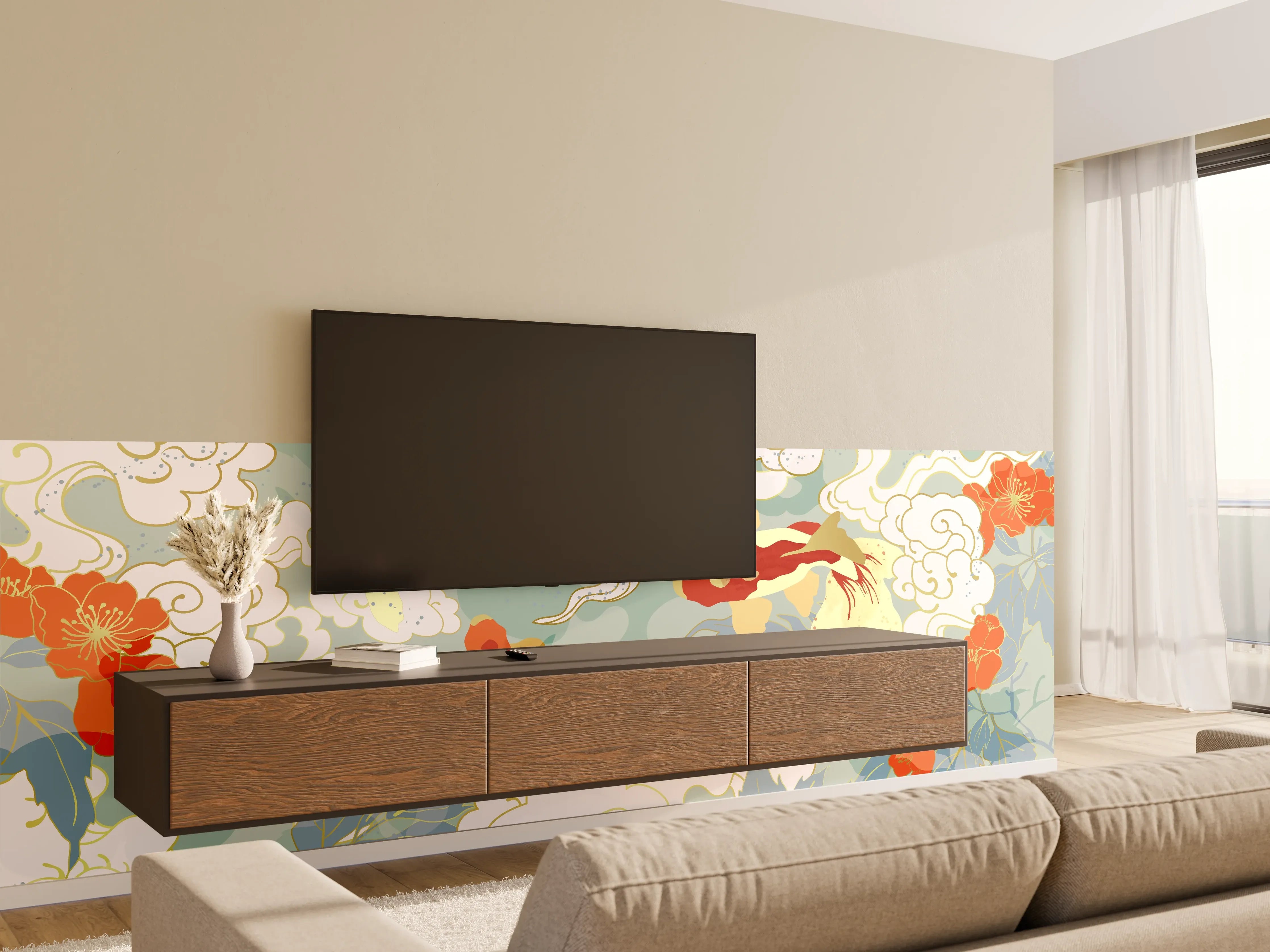 Wandverkleidung Wohnzimmer - Koi-Karpfen Blütenmuster Tapete