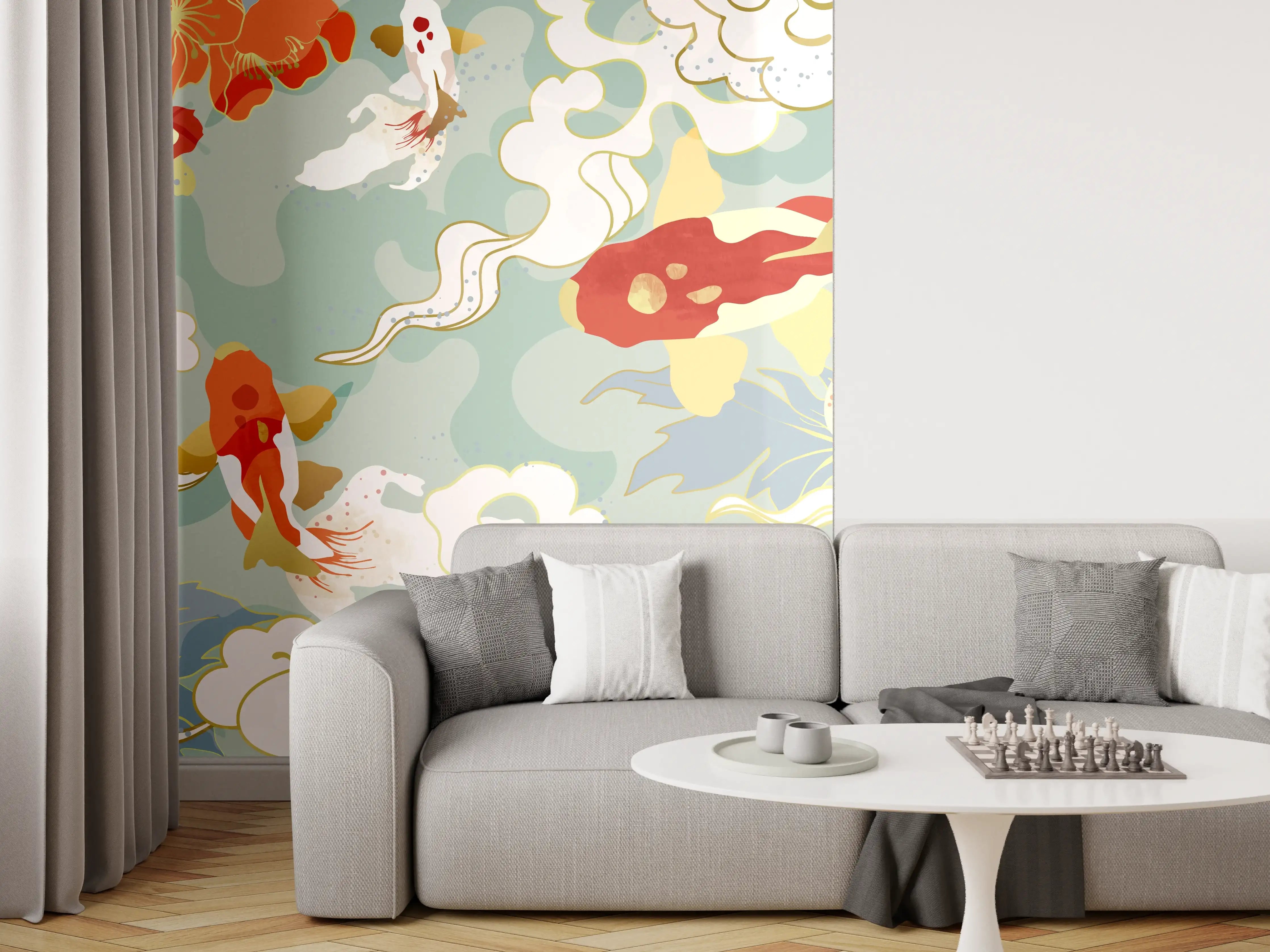Wandverkleidung Wohnzimmer - Koi-Karpfen Blütenmuster Tapete