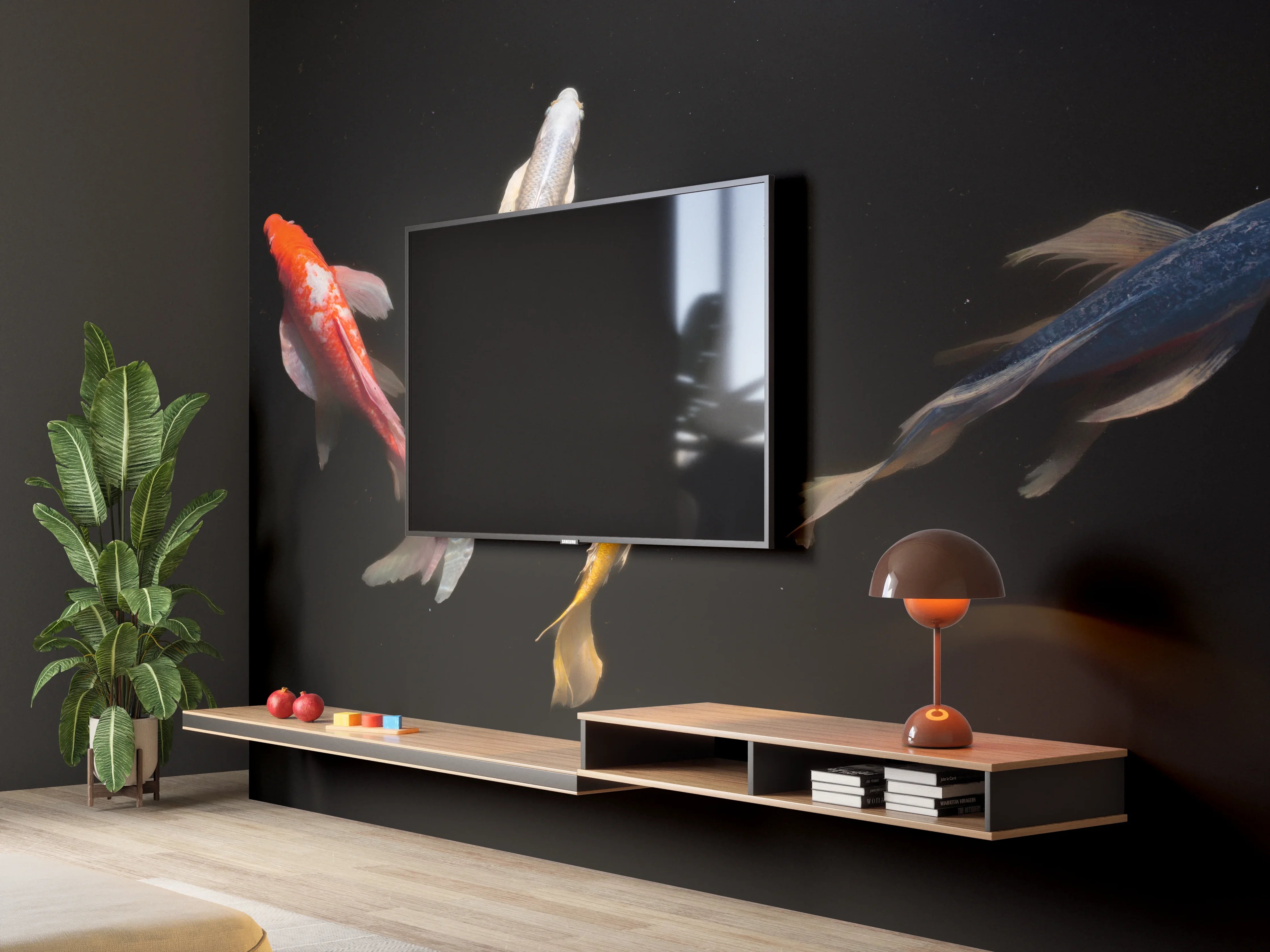 Wandverkleidung Wohnzimmer - Koi-Karpfen Schwarz Rot Gelb