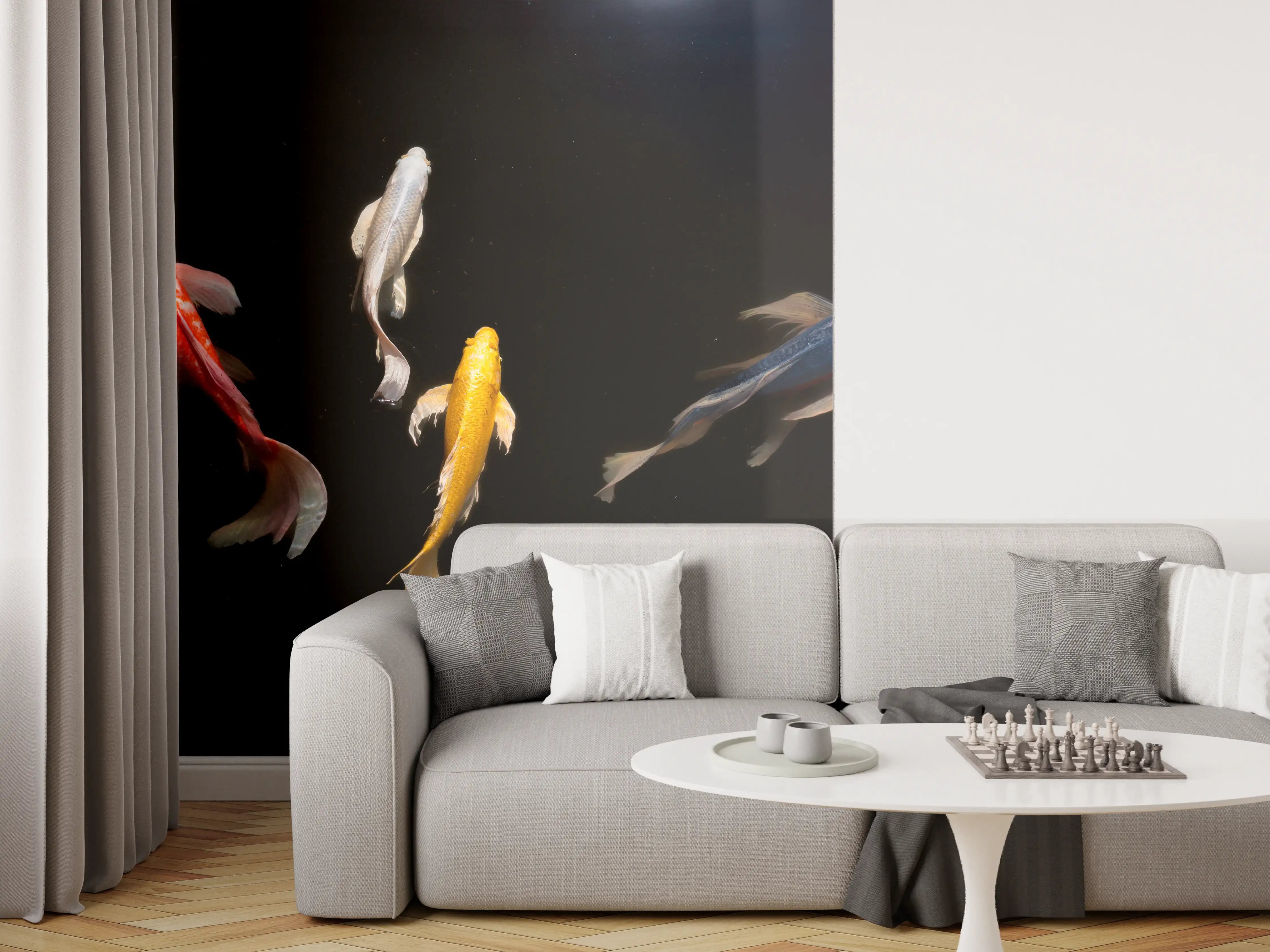 Wandverkleidung Wohnzimmer - Koi-Karpfen Schwarz Rot Gelb