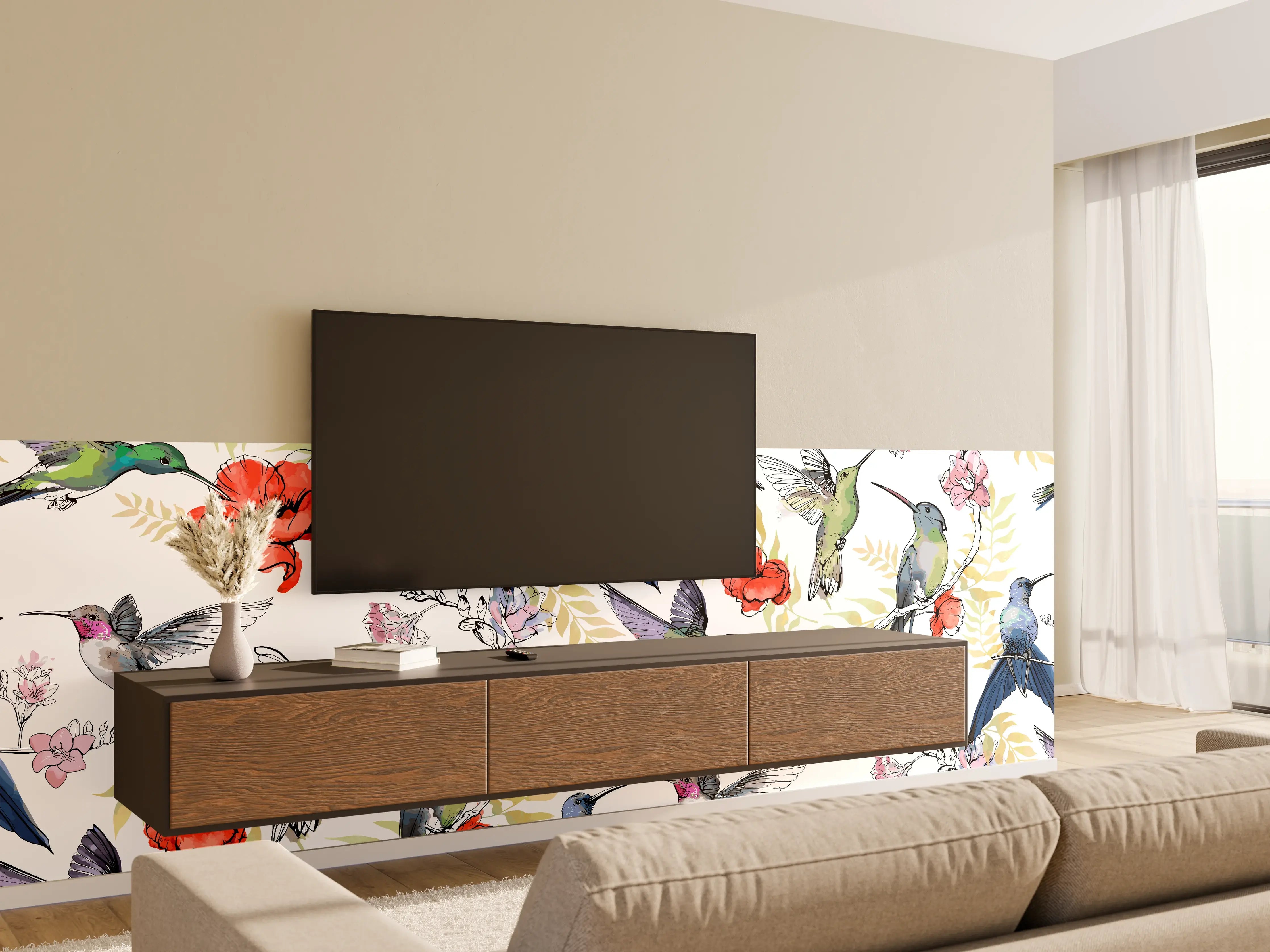 Wandverkleidung Wohnzimmer - Kolibri-Blumen-Muster Textil