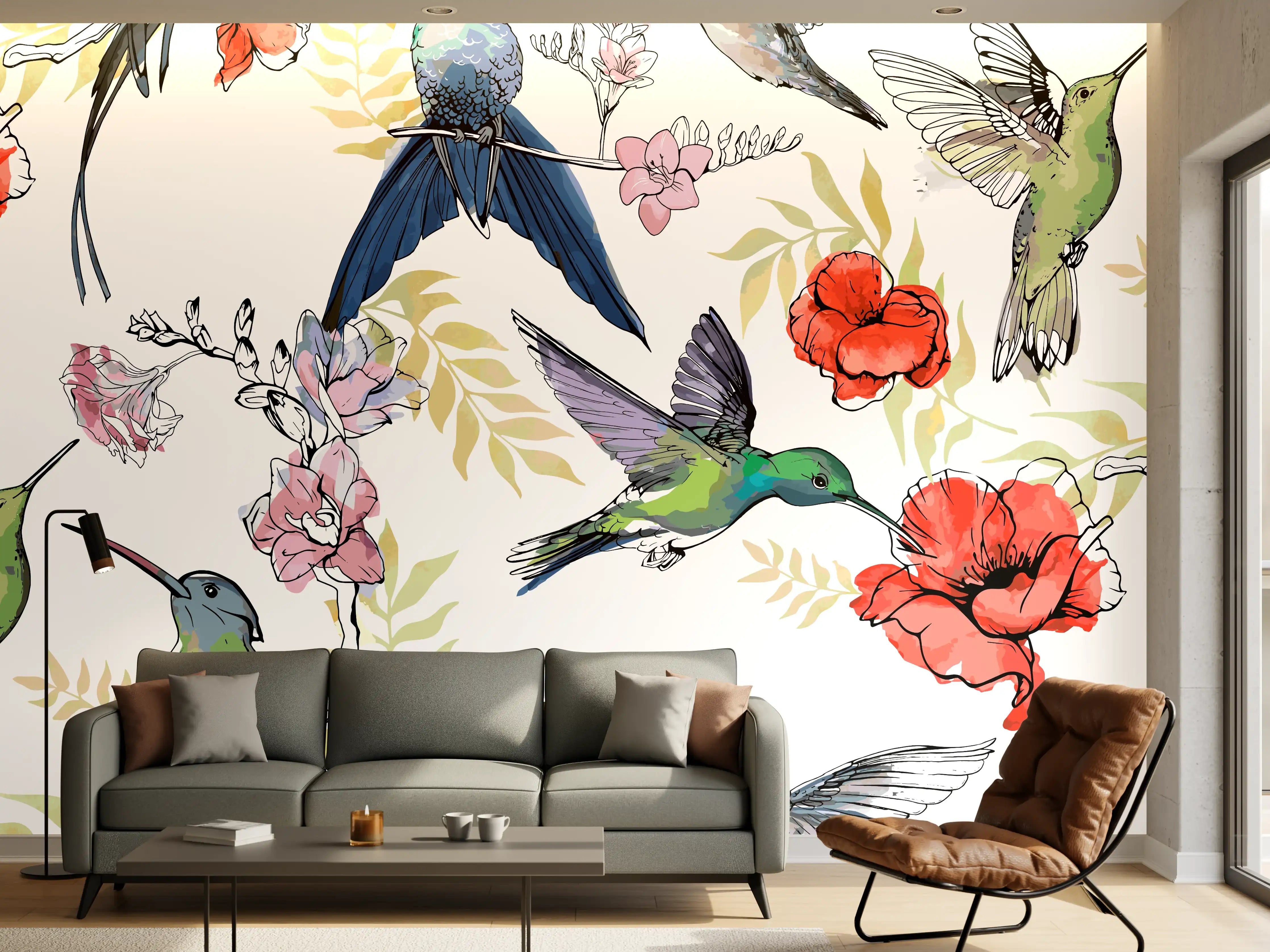 Wandverkleidung Wohnzimmer - Kolibri Blumenmuster Design