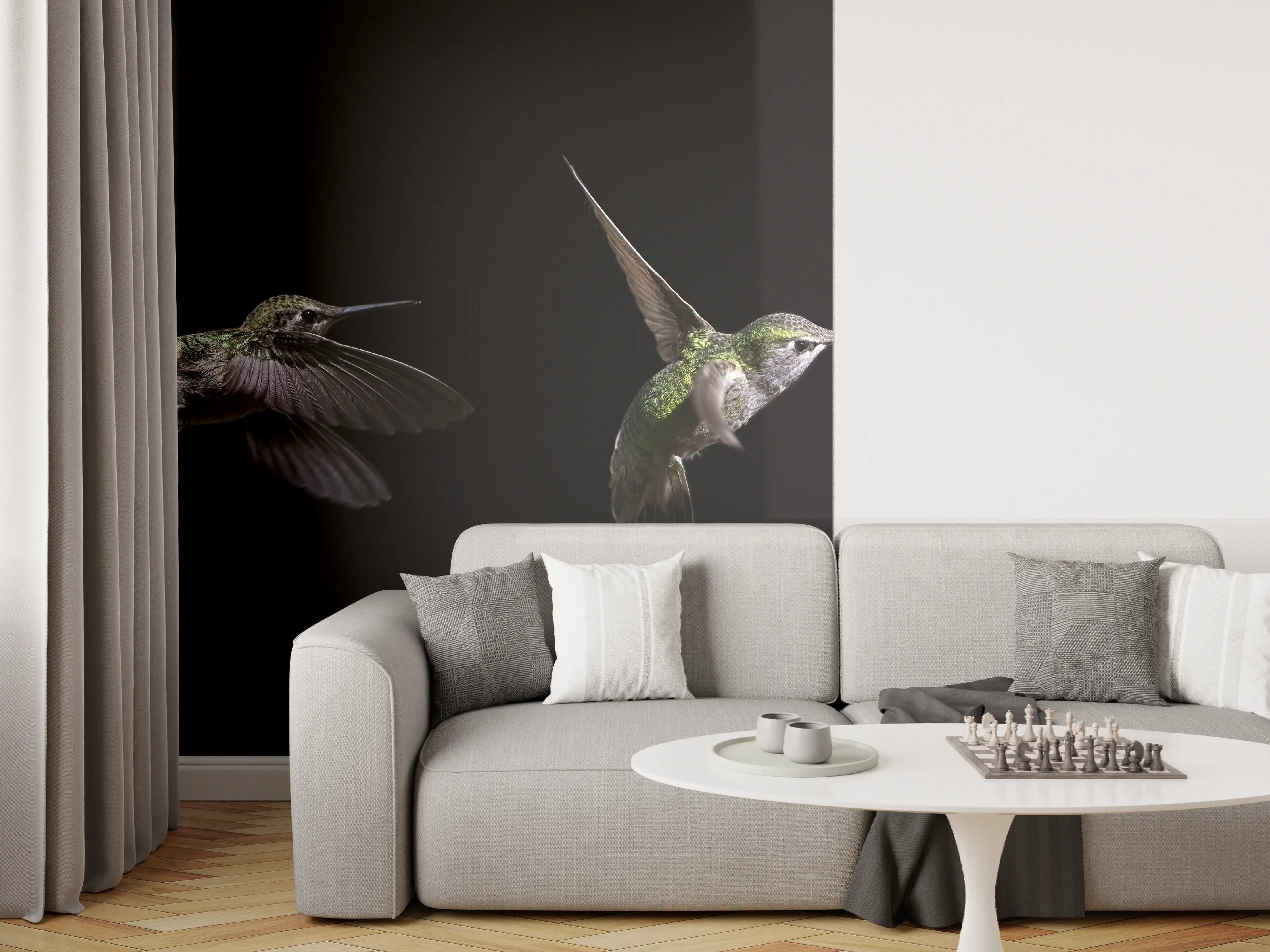 Wandverkleidung Wohnzimmer - Kolibri beim Fressen der Aloe Vera-Blüte