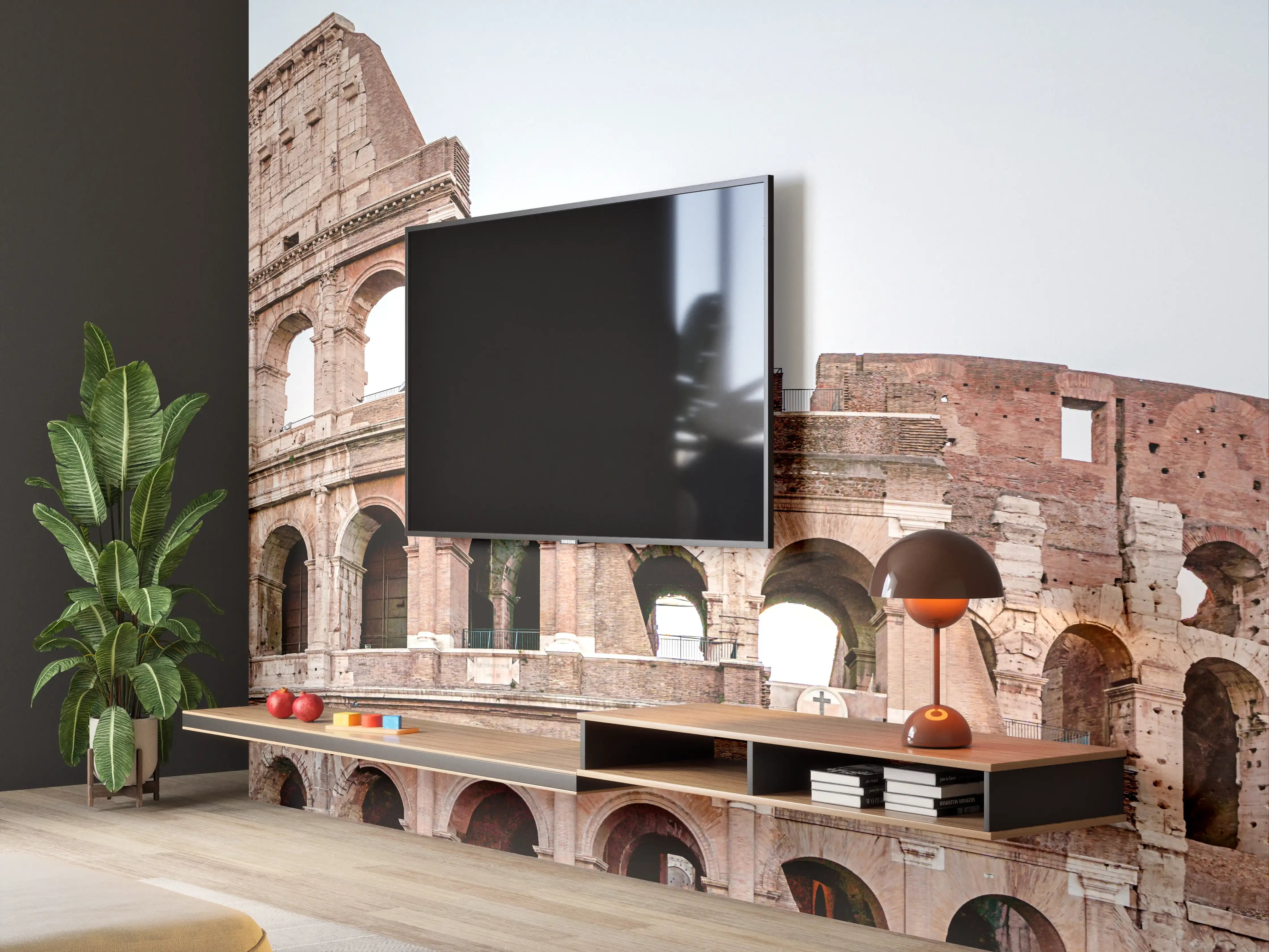 Wandverkleidung Wohnzimmer - Kolosseum Panorama Rom Beige-Blau