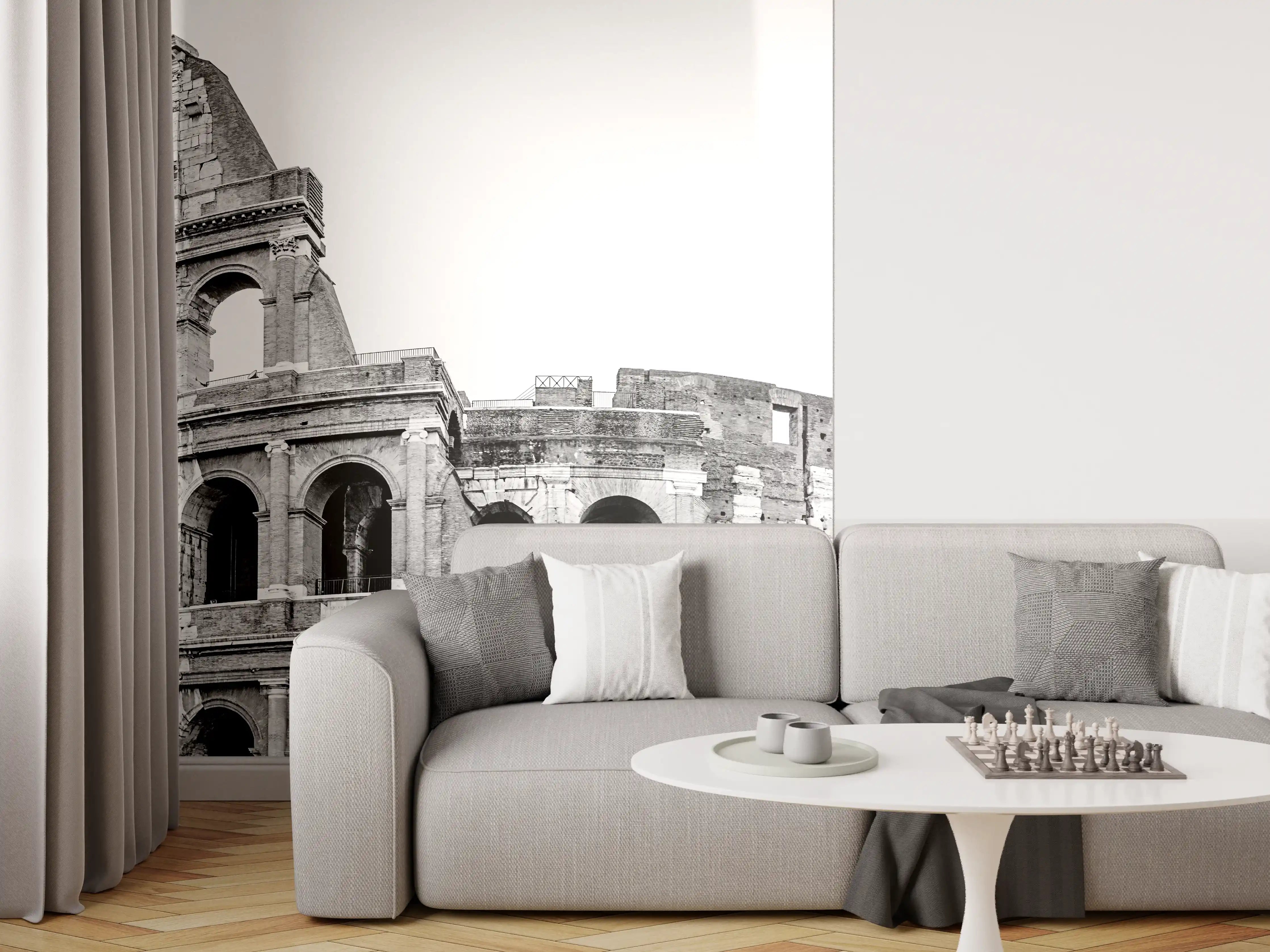 Wandverkleidung Wohnzimmer - Kolosseum Schwarz-Weiß Panorama