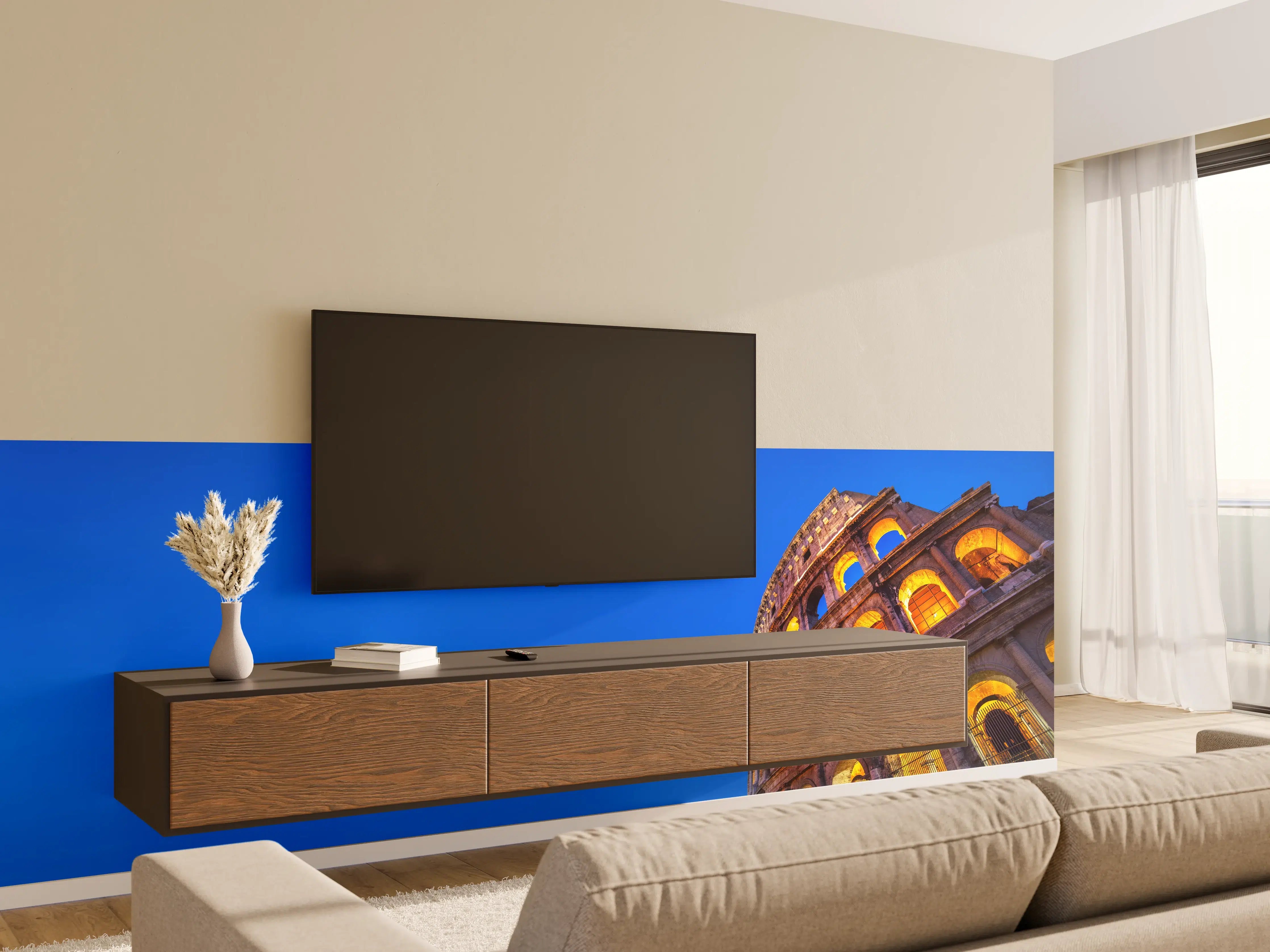 Wandverkleidung Wohnzimmer - Kolosseum bei Nacht Blau-Orange