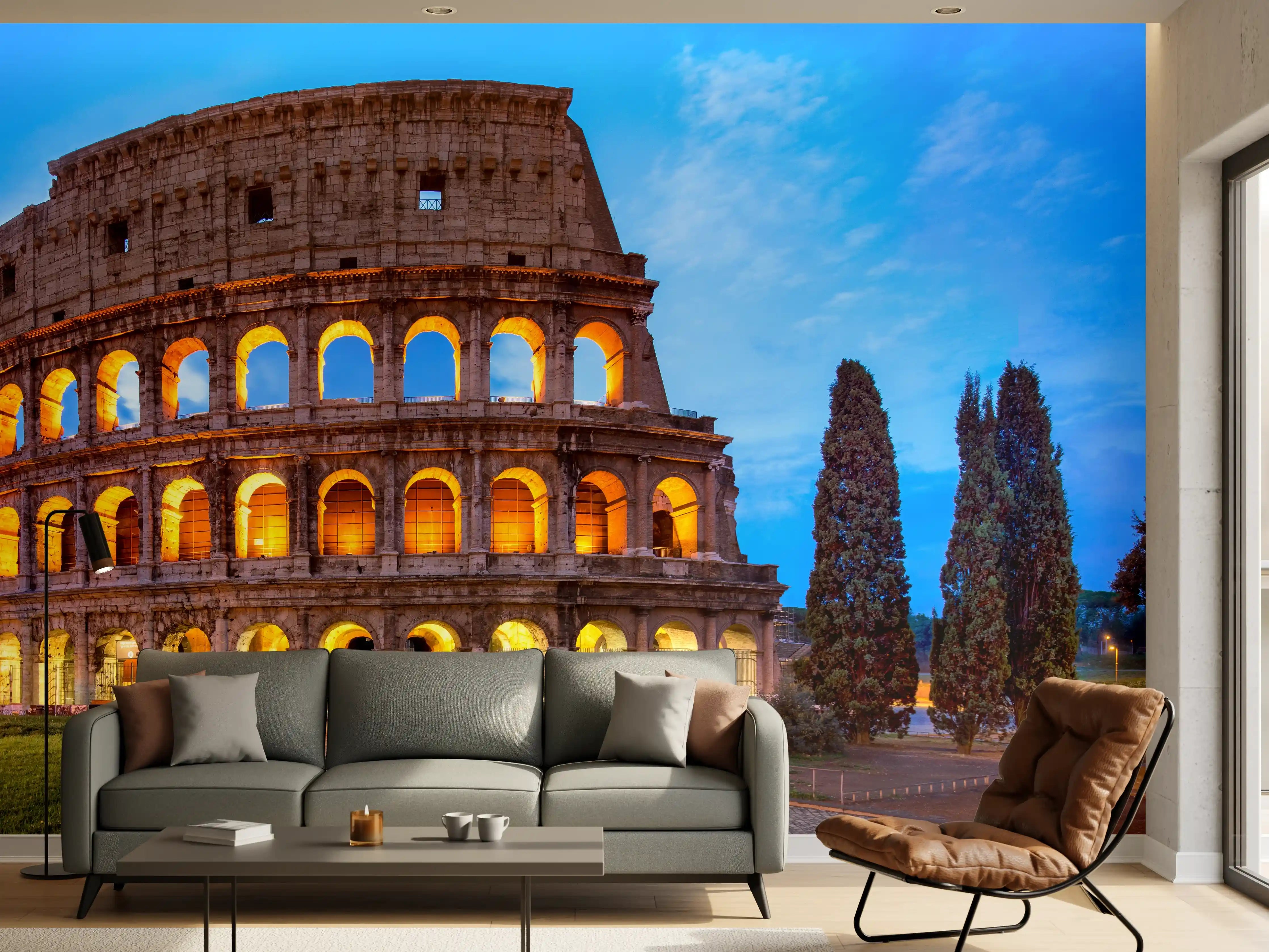 Wandverkleidung Wohnzimmer - Kolosseum in Rom Panorama bei Nacht