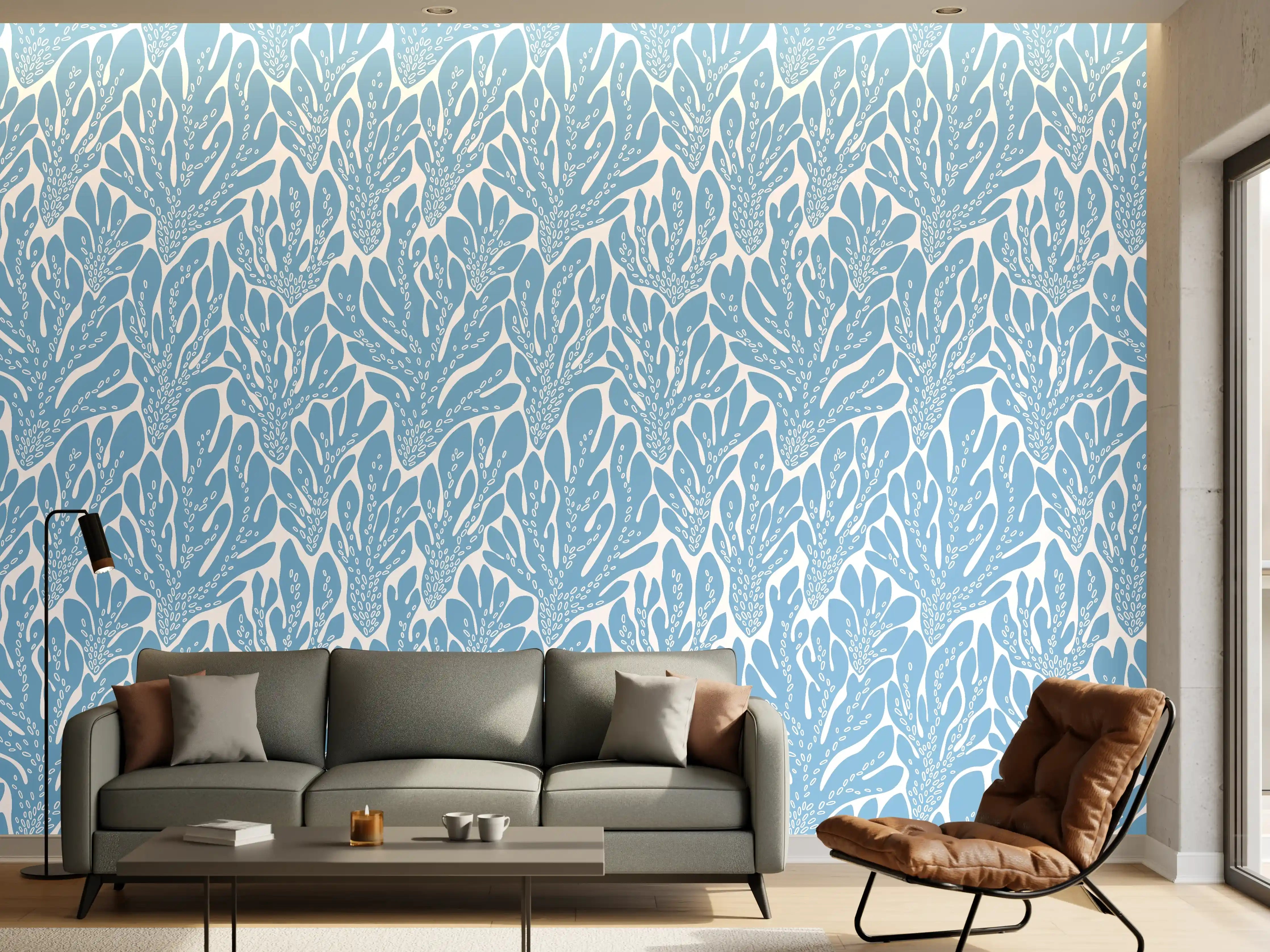 Wandverkleidung Wohnzimmer - Korallen-Abstract Blau-Weiß