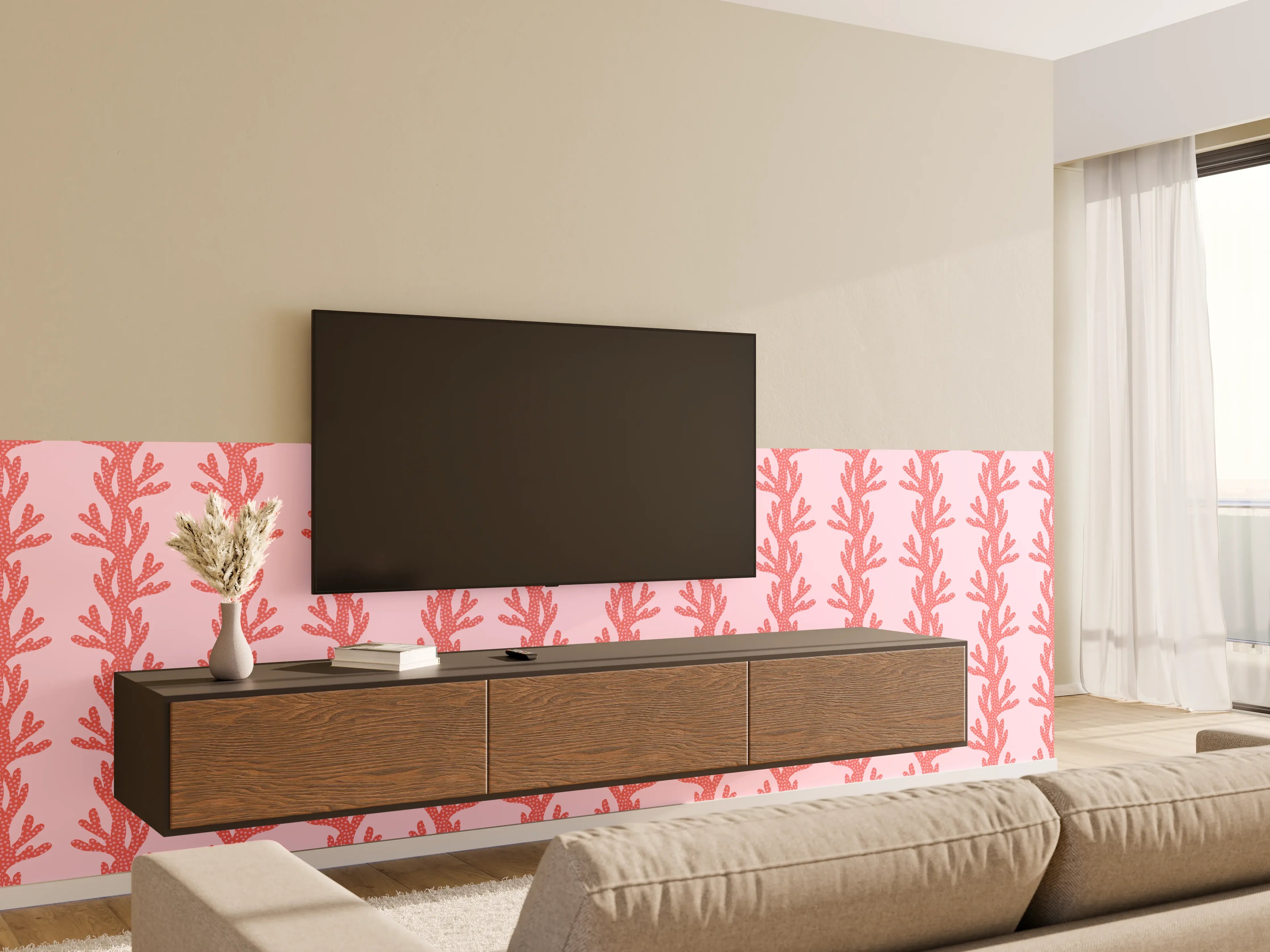 Wandverkleidung Wohnzimmer - Korallenmuster Rosa Tapete