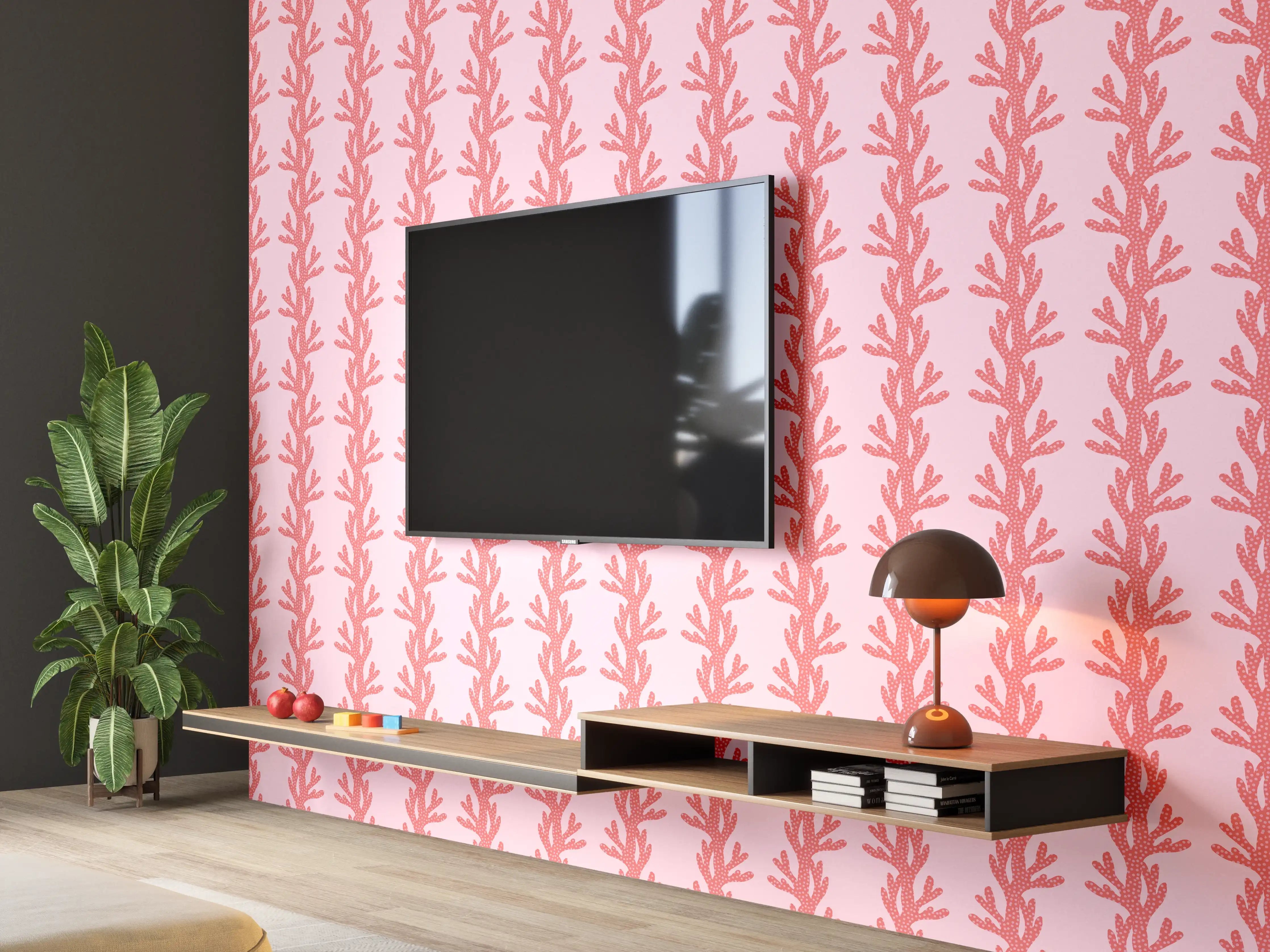 Wandverkleidung Wohnzimmer - Korallenmuster Rosa Tapete