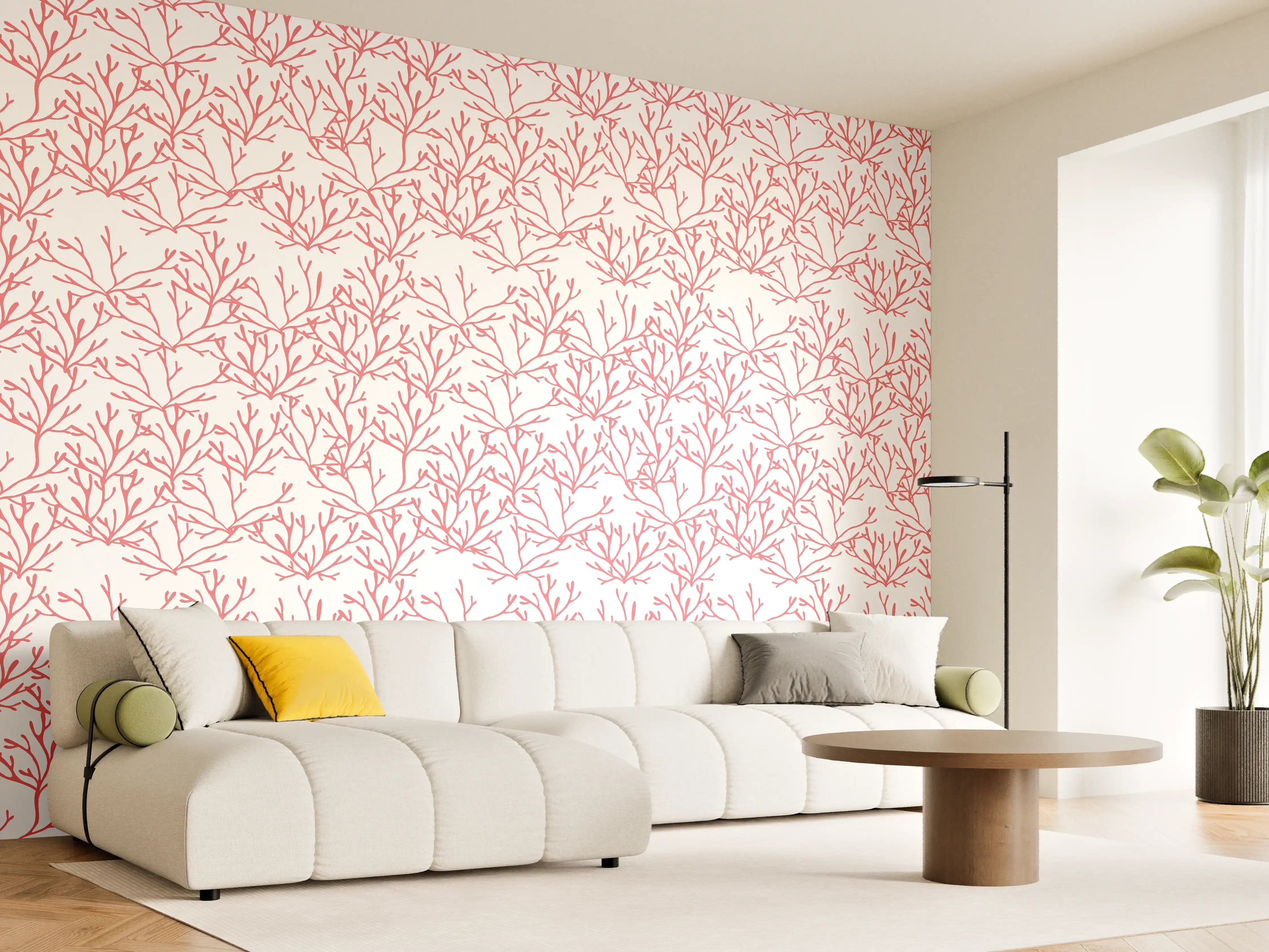 Wandverkleidung Wohnzimmer - Korallenmuster Rosa auf Weiß