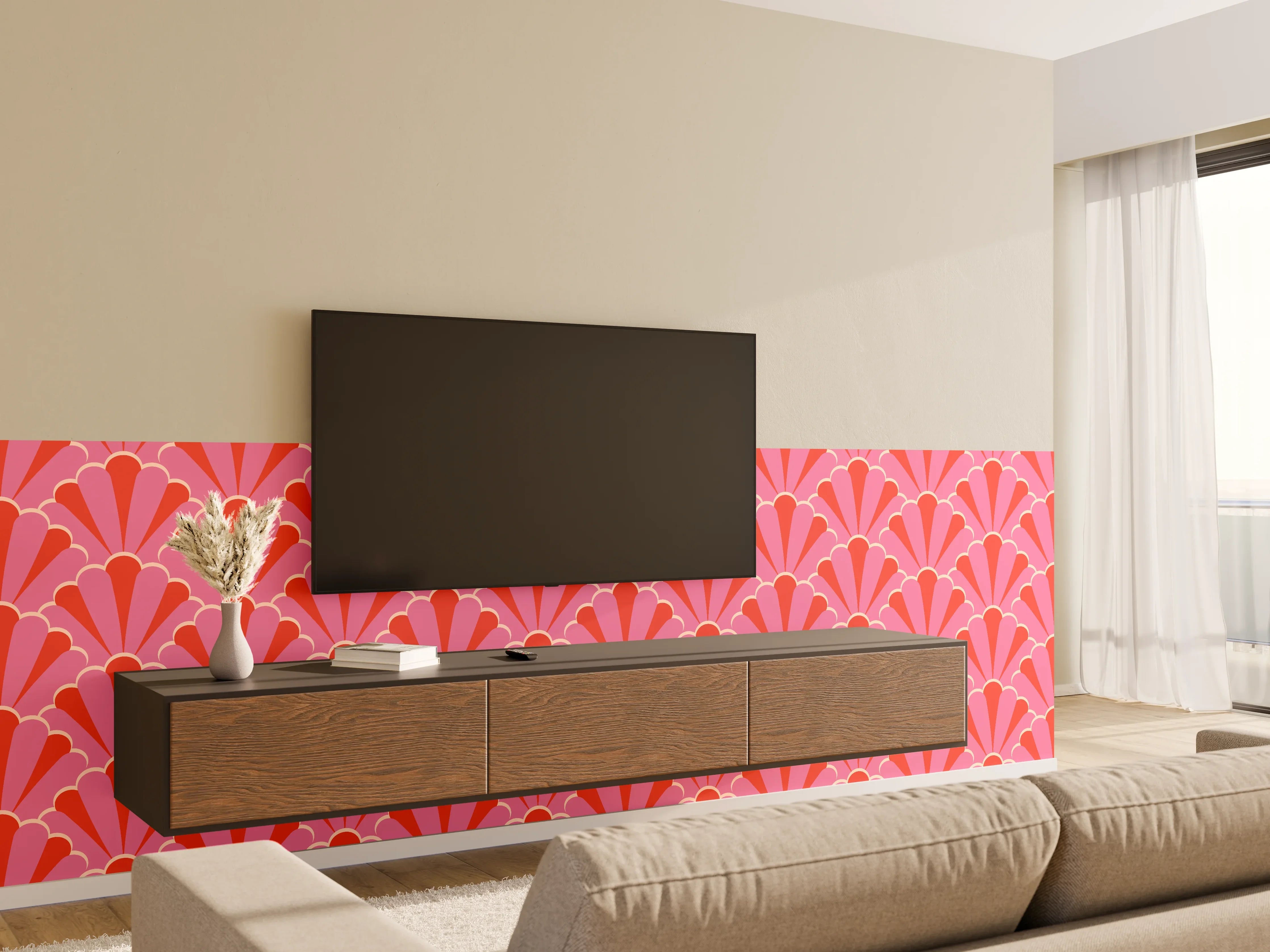 Wandverkleidung Wohnzimmer - Korallenrosa Muschel-Tapete