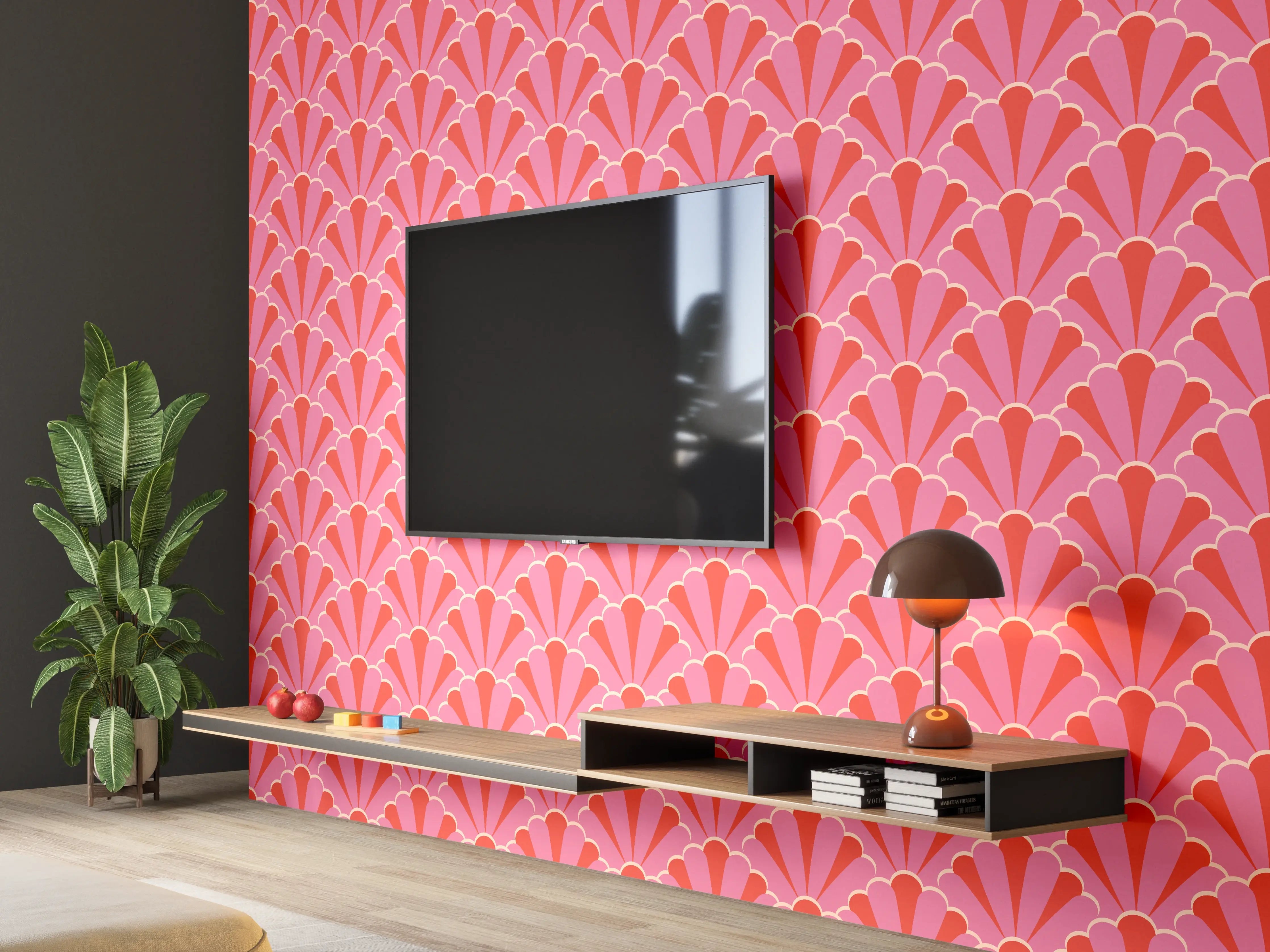 Wandverkleidung Wohnzimmer - Korallenrosa Muschel-Tapete