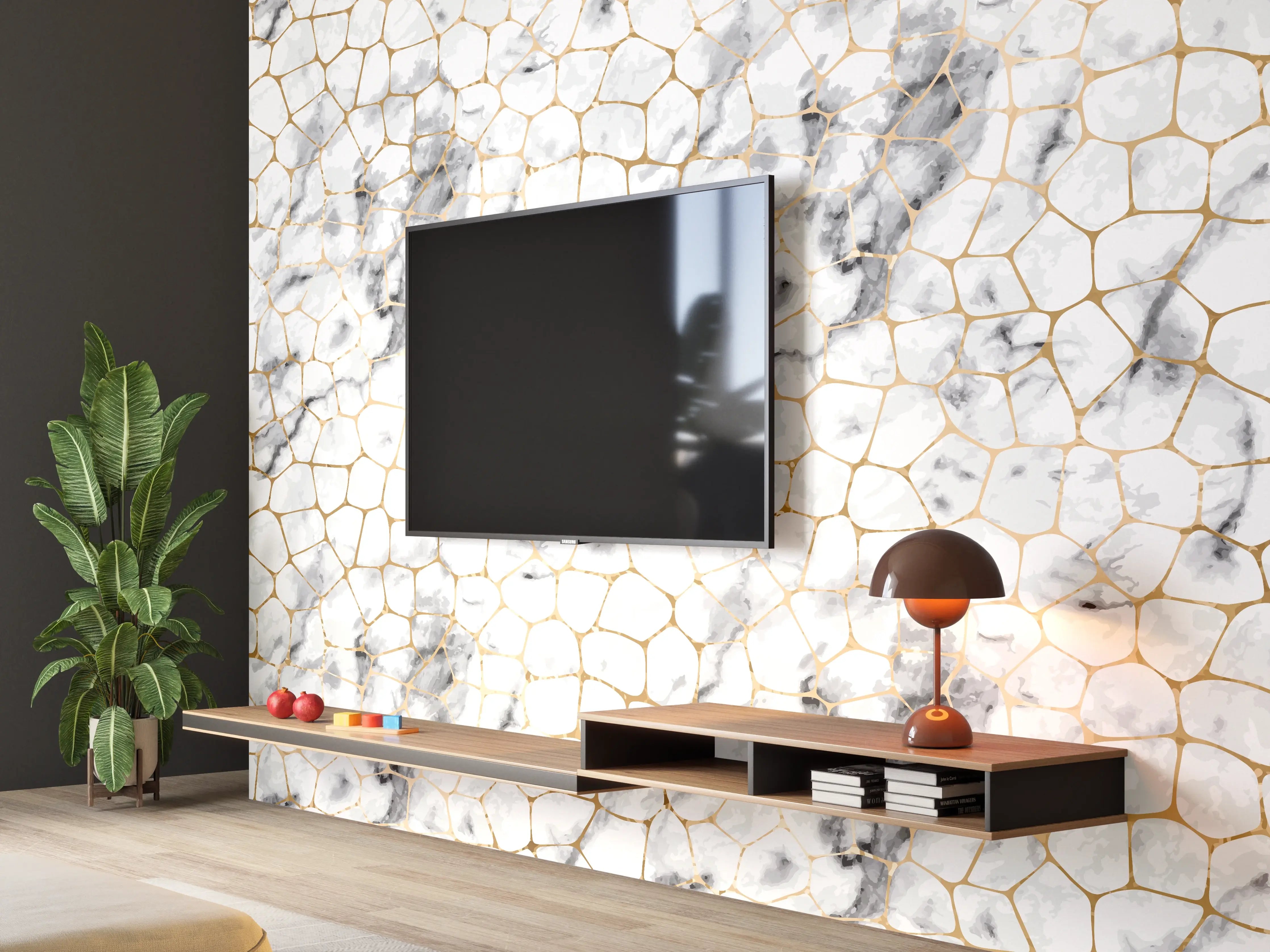 Wandverkleidung Wohnzimmer - Kühler Grauweiß mit Goldakzenten