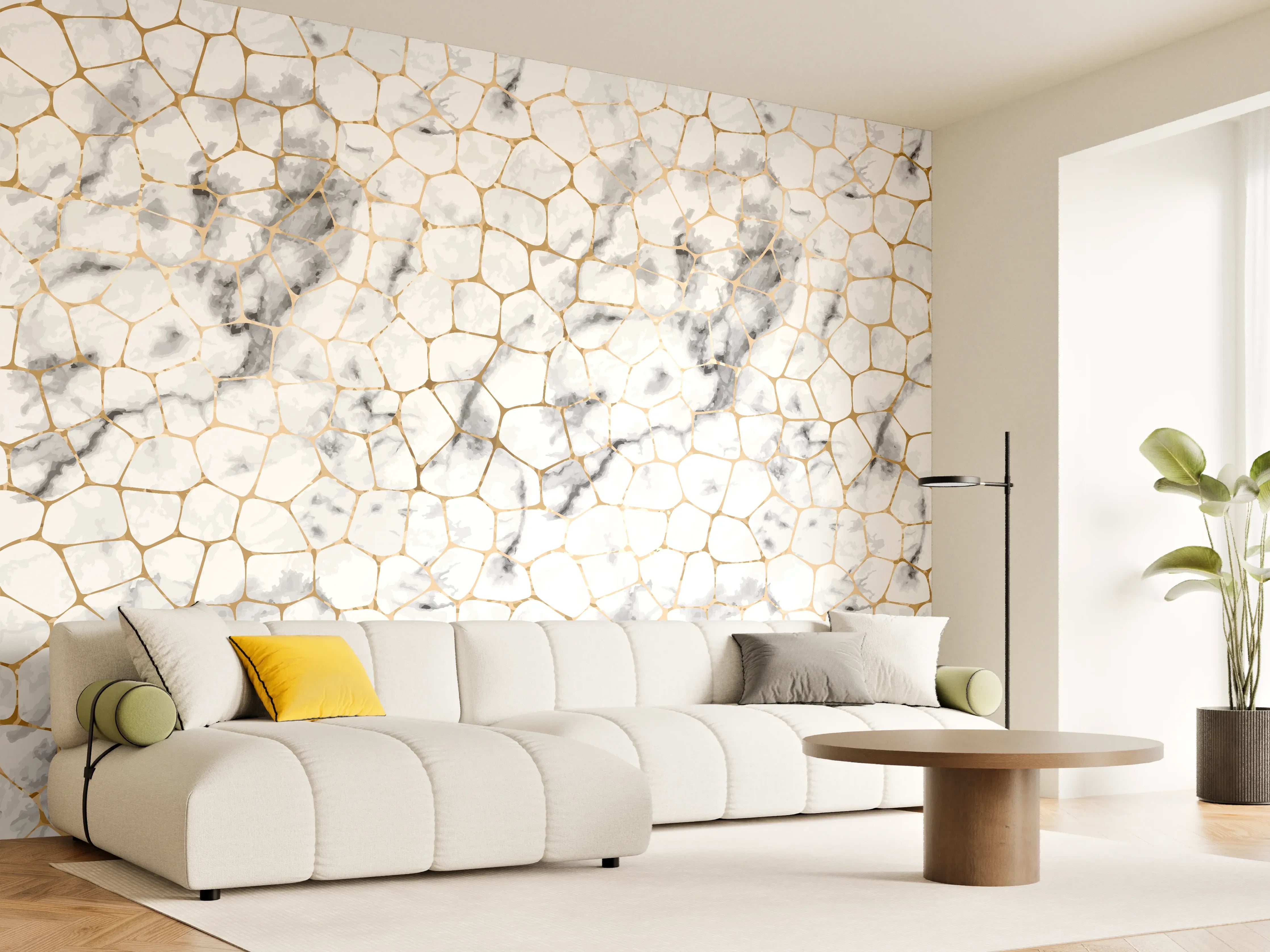 Wandverkleidung Wohnzimmer - Kühler Grauweiß mit Goldakzenten
