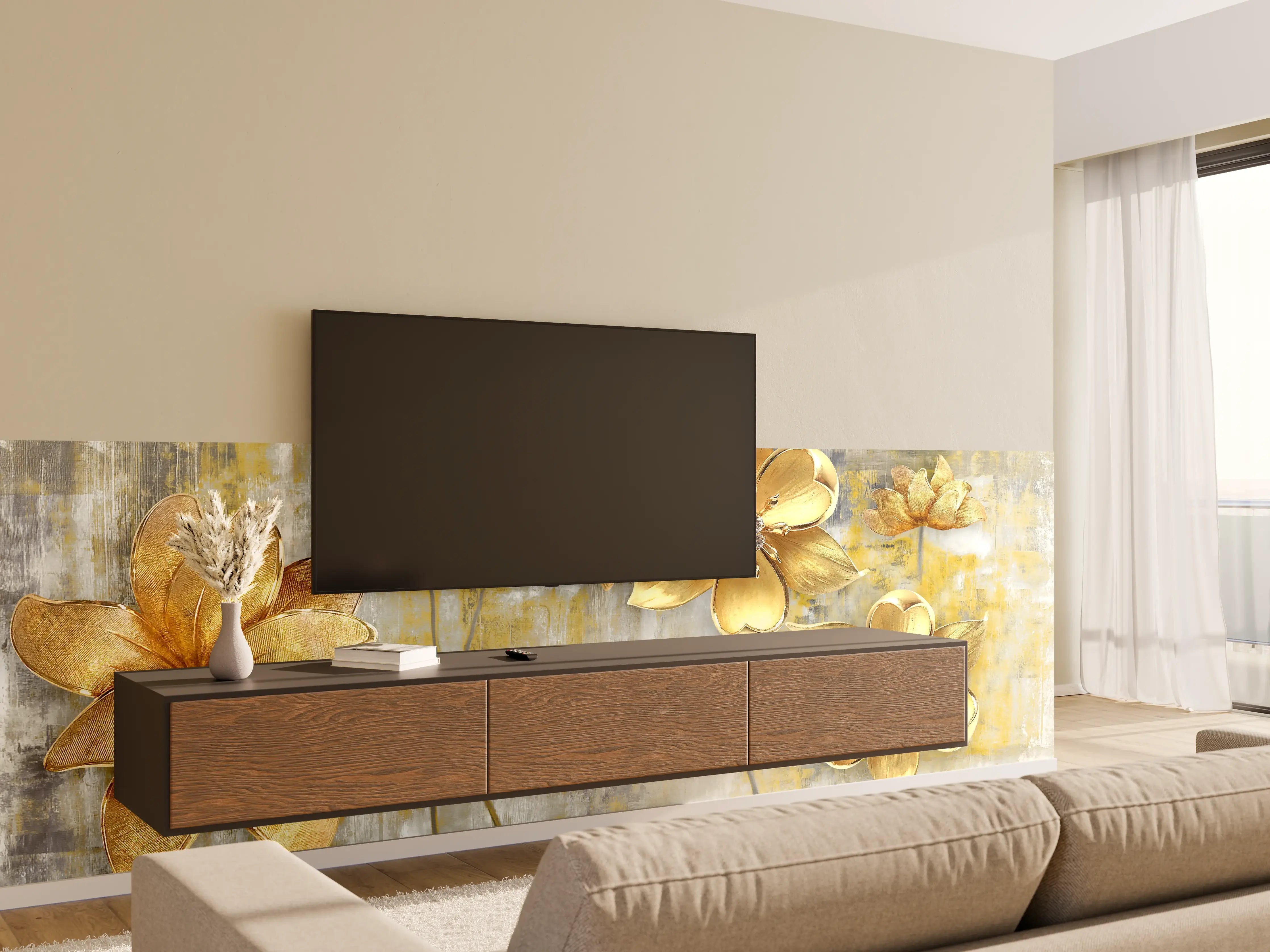 Wandverkleidung Wohnzimmer - Künstlerische Blattgold-Blumen