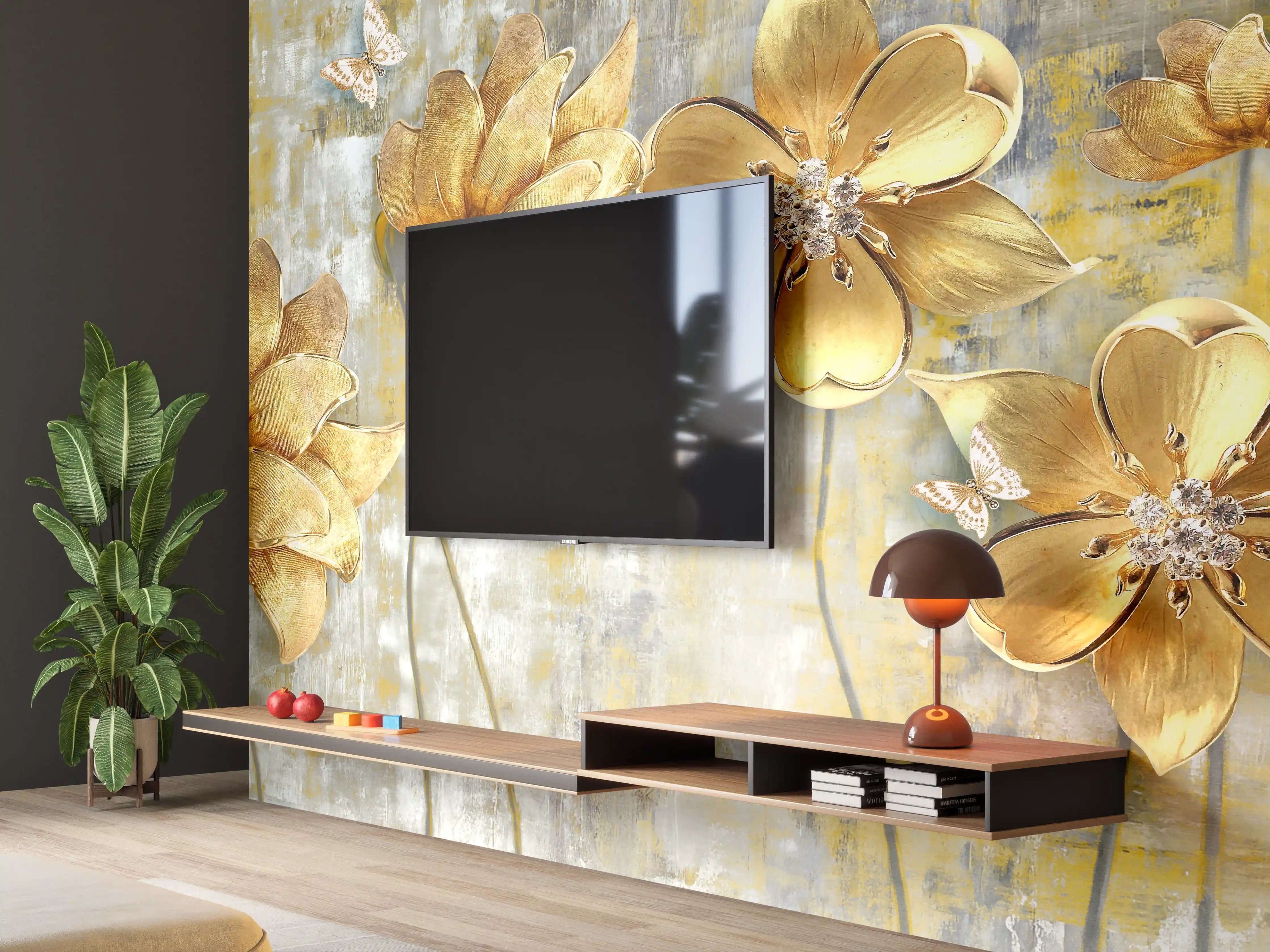 Wandverkleidung Wohnzimmer - Künstlerische Blattgold-Blumen