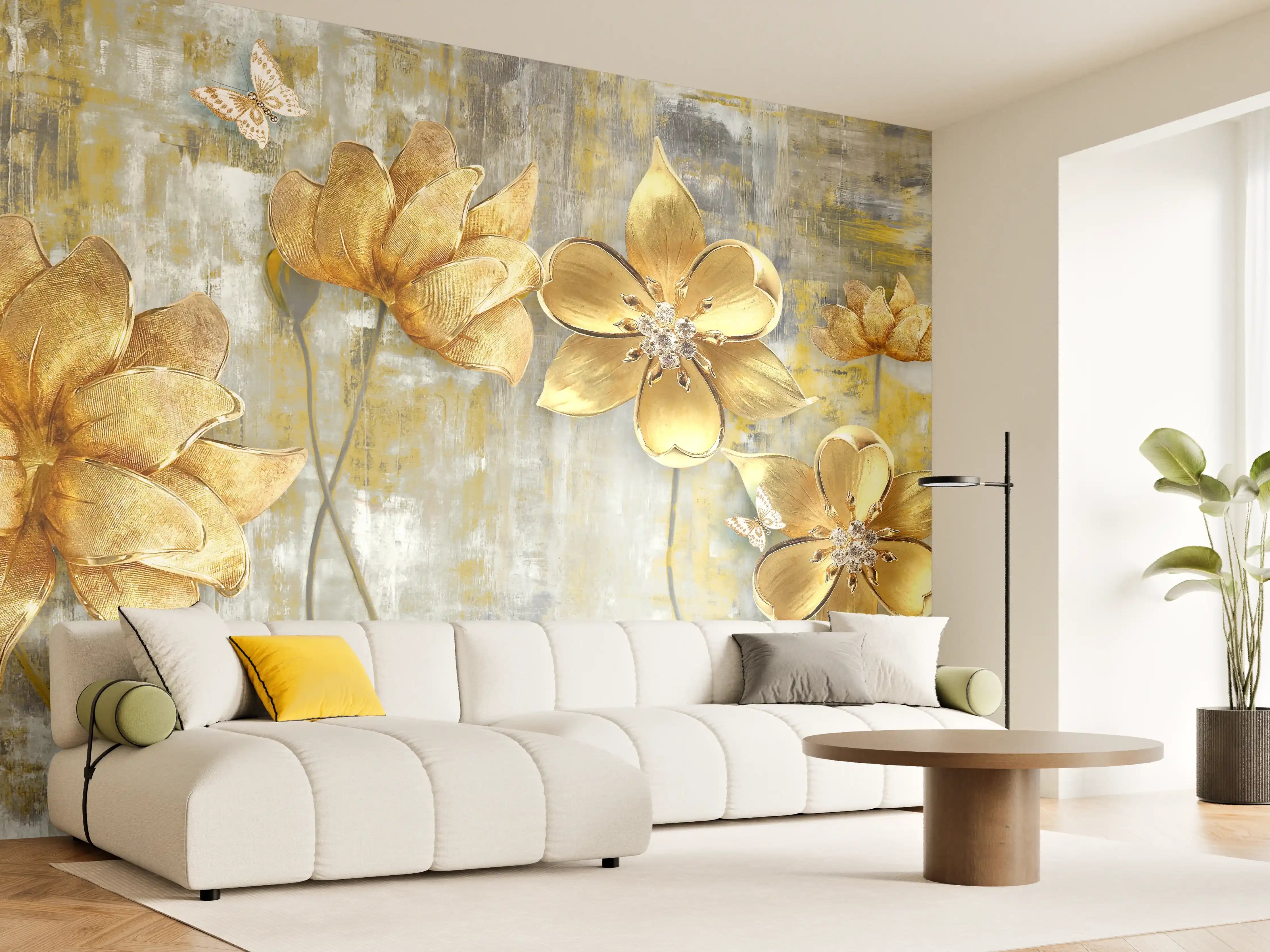 Wandverkleidung Wohnzimmer - Künstlerische Blattgold-Blumen