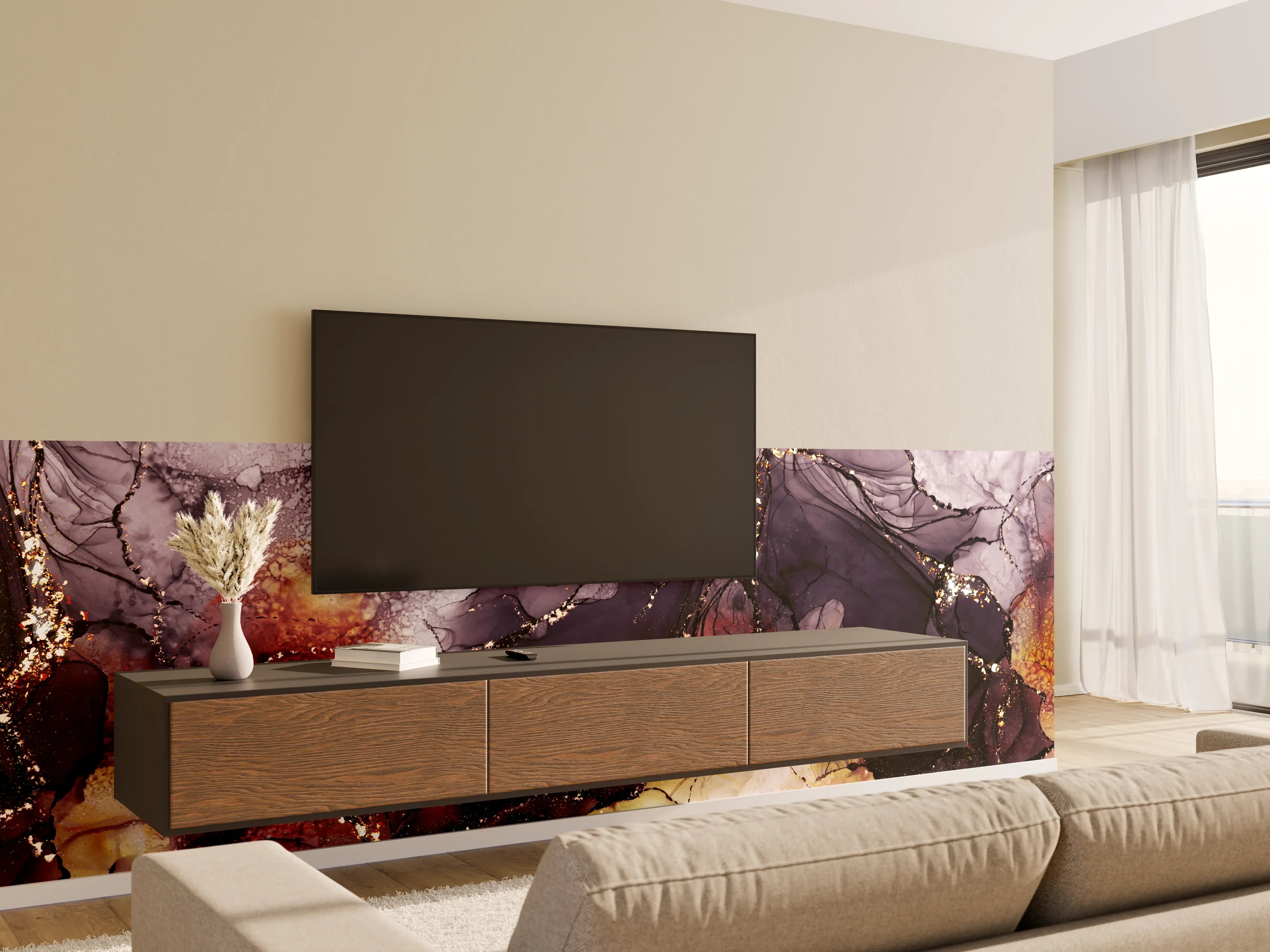 Wandverkleidung Wohnzimmer - Künstlerischer Alkohol-Tropfen-Design