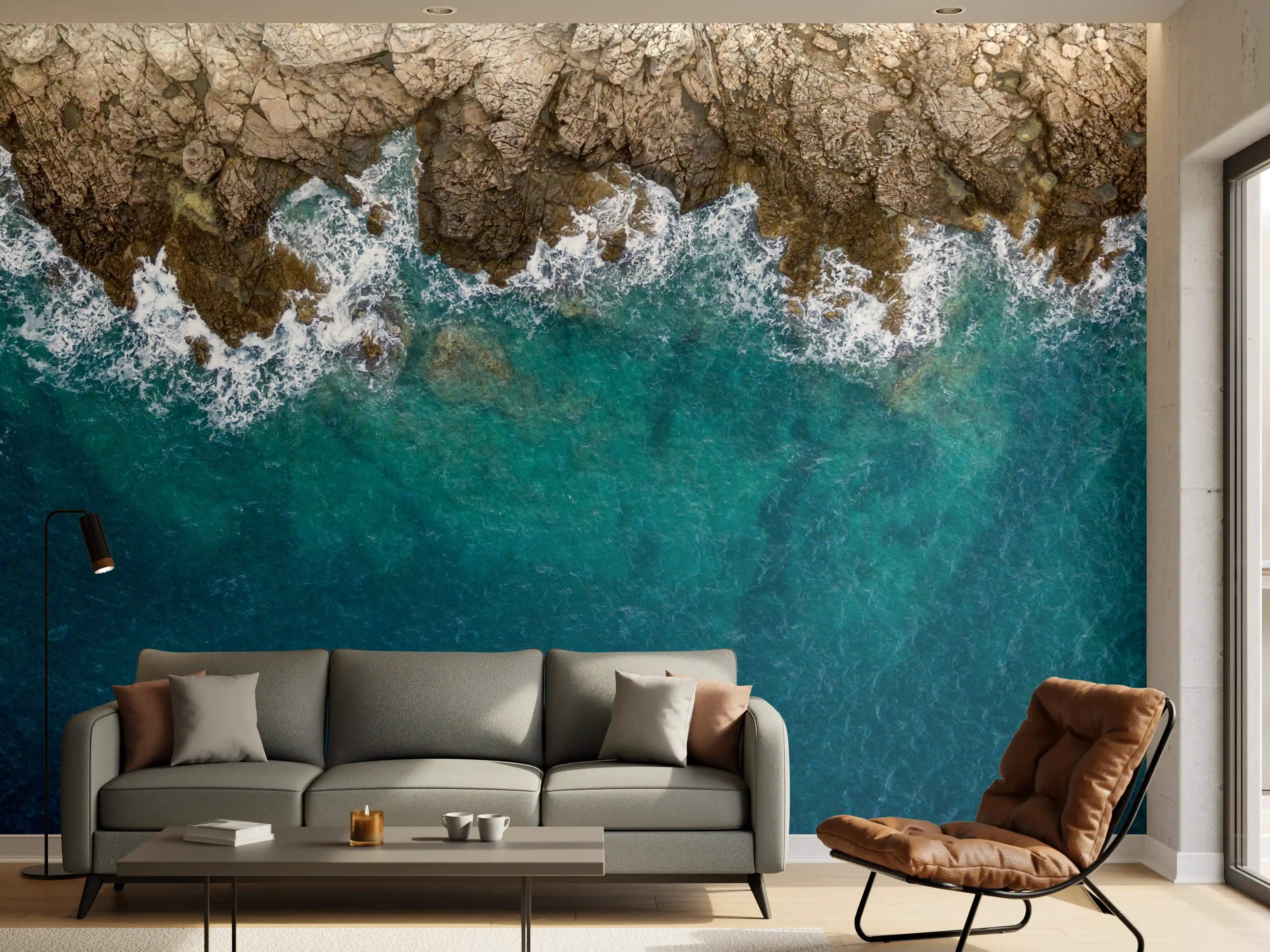 Wandverkleidung Wohnzimmer - Küstenfoto mit Felsen und Wasser