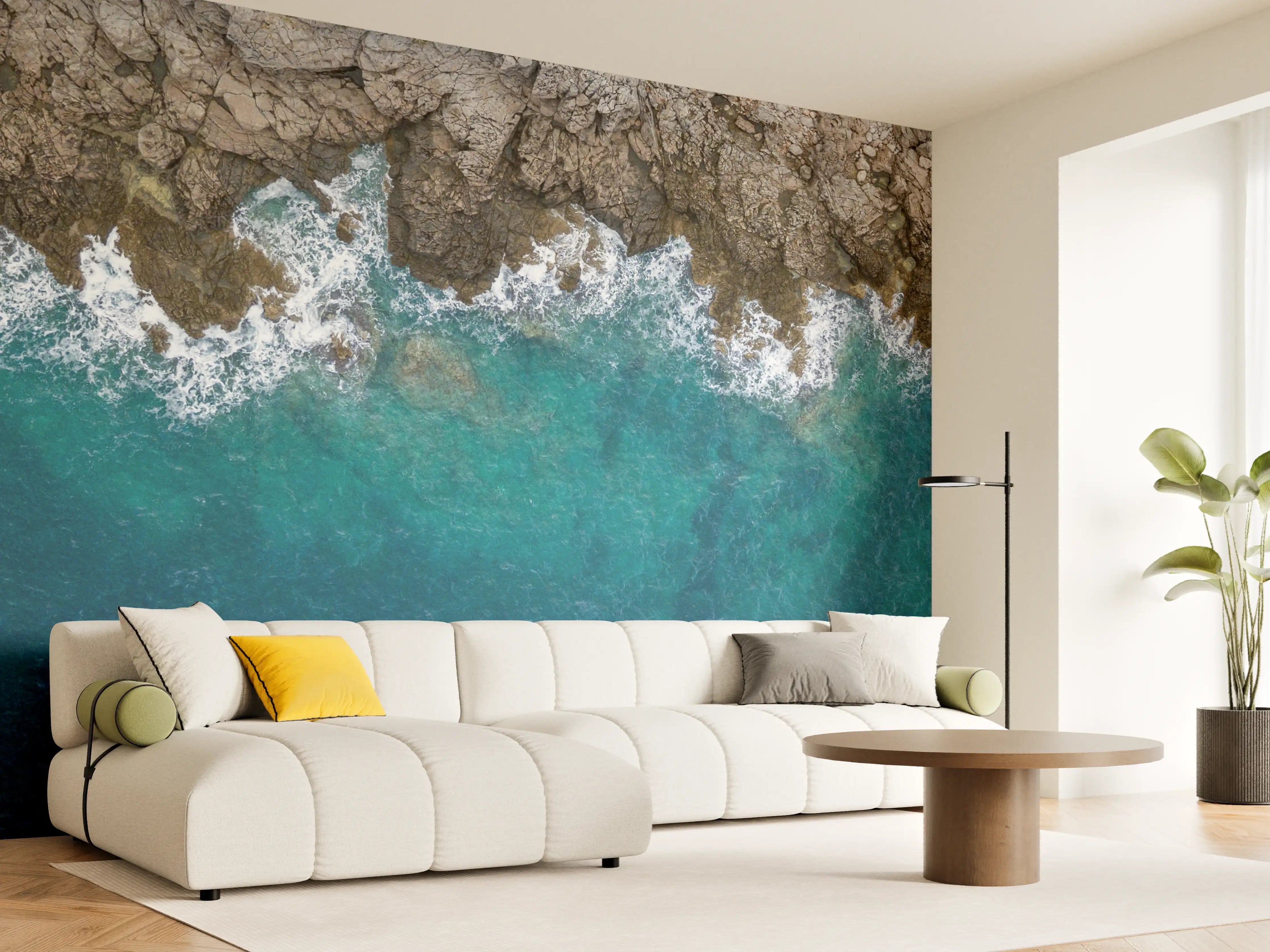 Wandverkleidung Wohnzimmer - Küstenfoto mit Felsen und Wasser