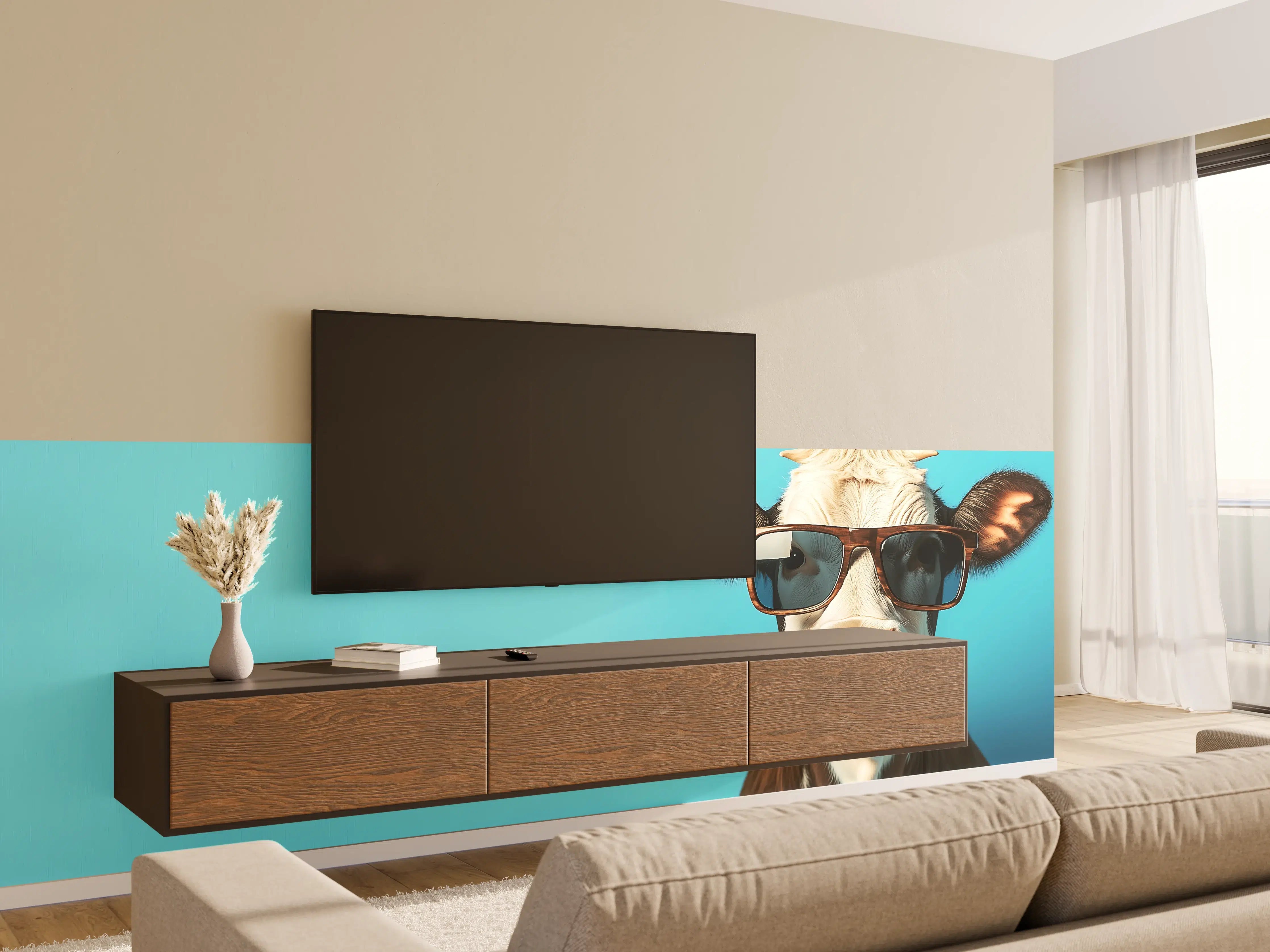 Wandverkleidung Wohnzimmer - Kuh mit Sonnenbrille, Türkis