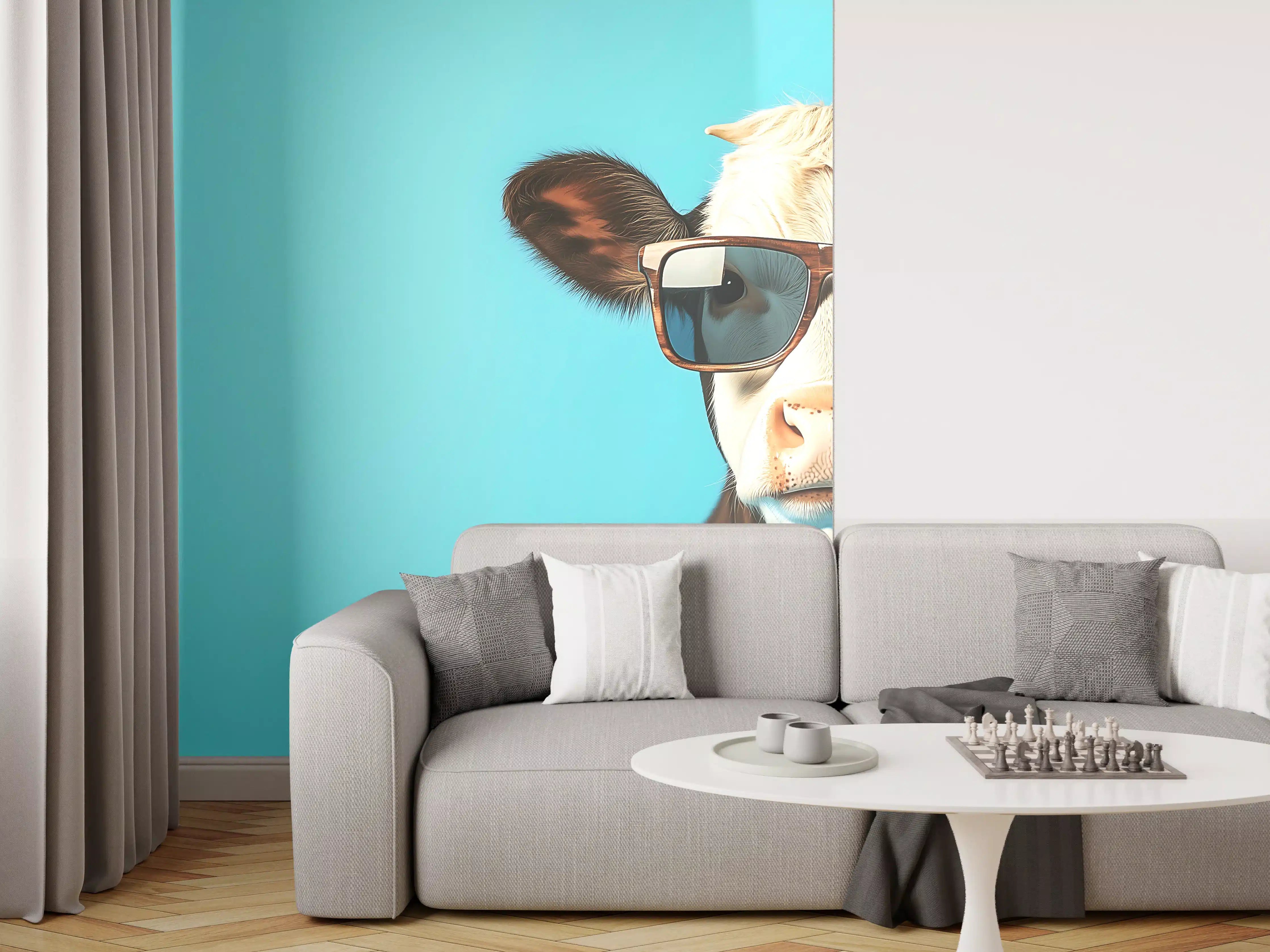 Wandverkleidung Wohnzimmer - Kuh mit Sonnenbrille, Türkis