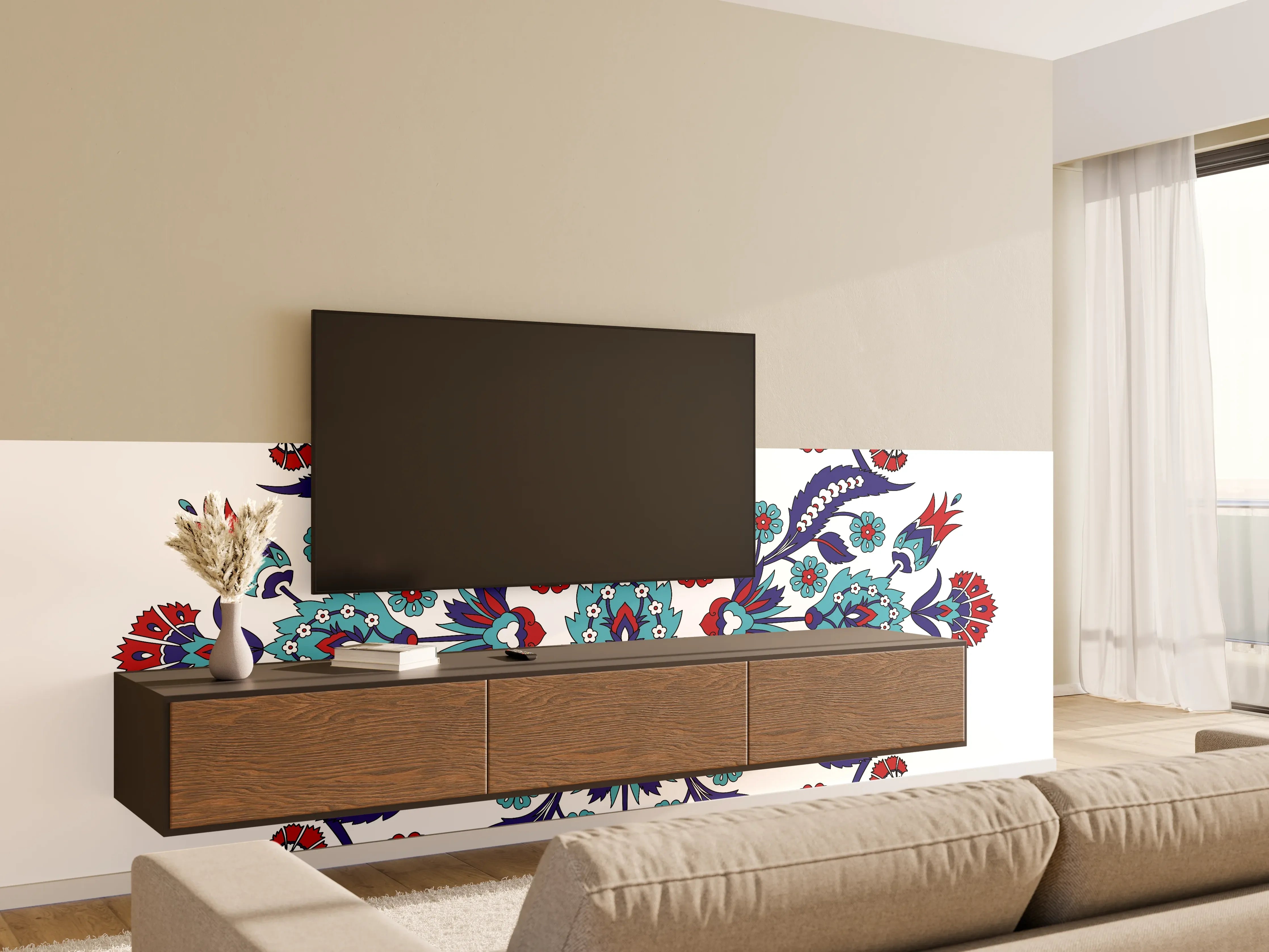 Wandverkleidung Wohnzimmer - Kunstvolles Mandala mit türkisen und roten Akzenten