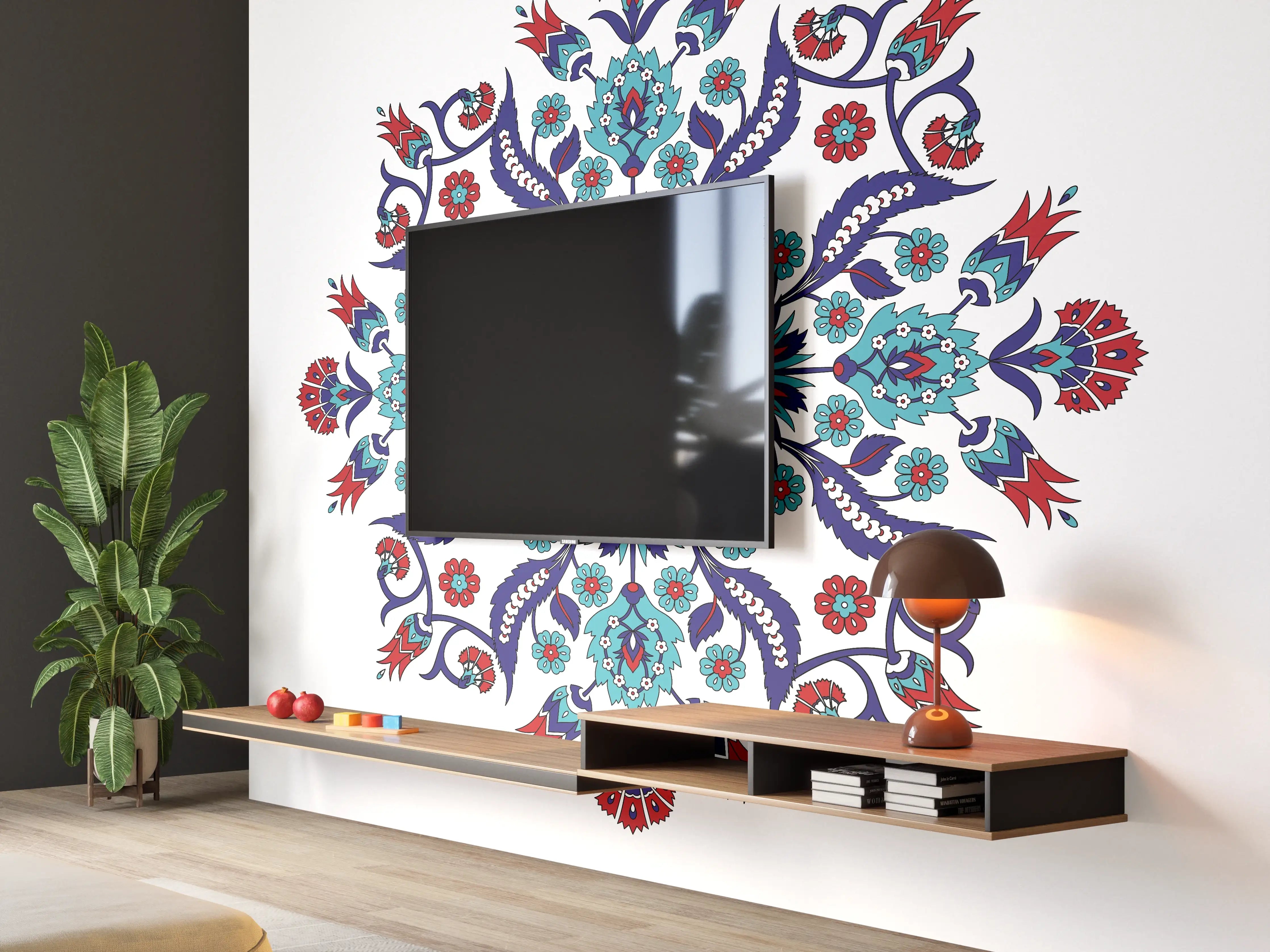 Wandverkleidung Wohnzimmer - Kunstvolles Mandala mit türkisen und roten Akzenten