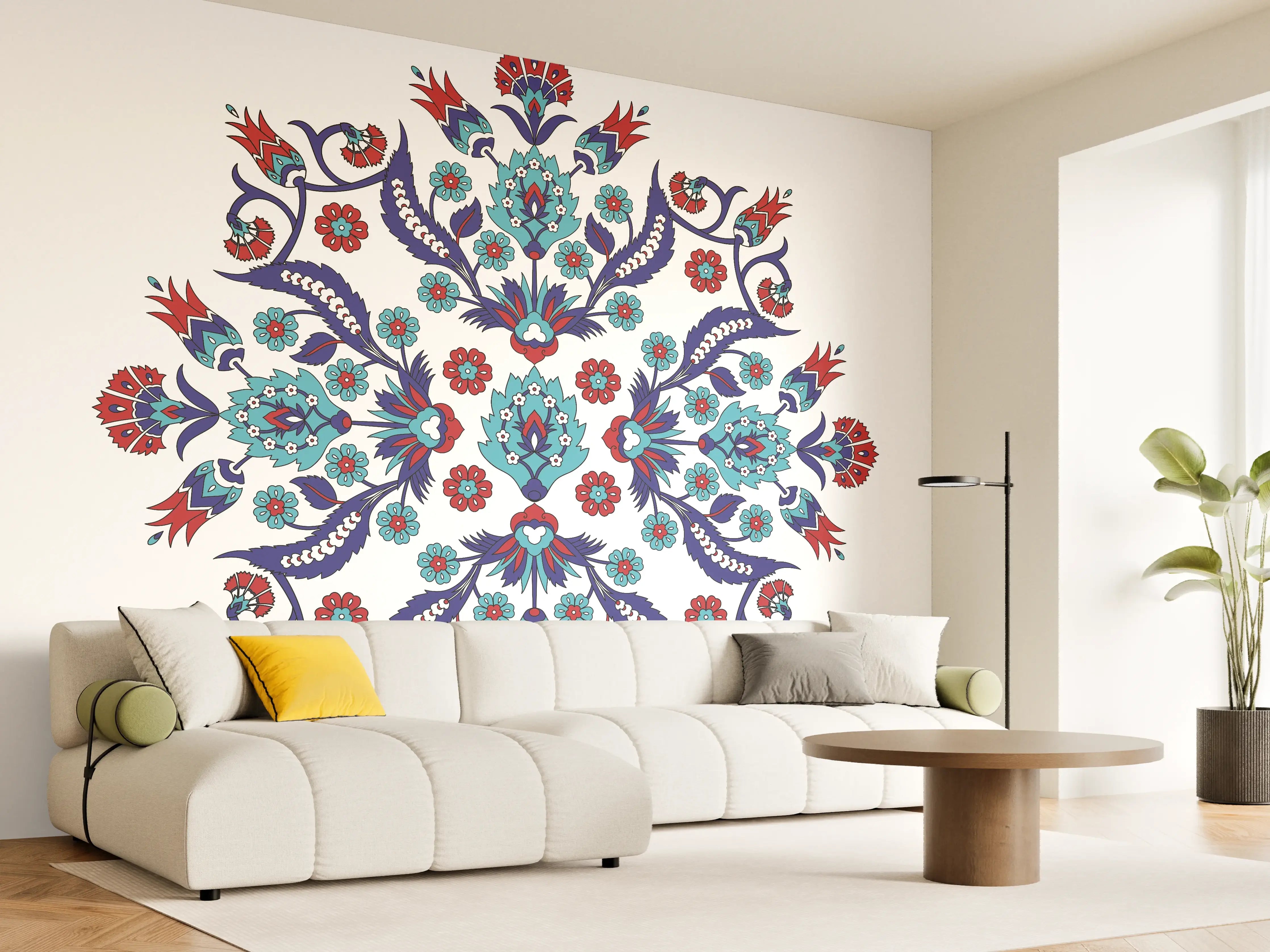 Wandverkleidung Wohnzimmer - Kunstvolles Mandala mit türkisen und roten Akzenten